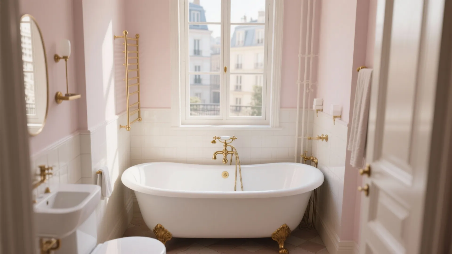 Classic white bathtub with gold legs in pink bathroom near window with city building view