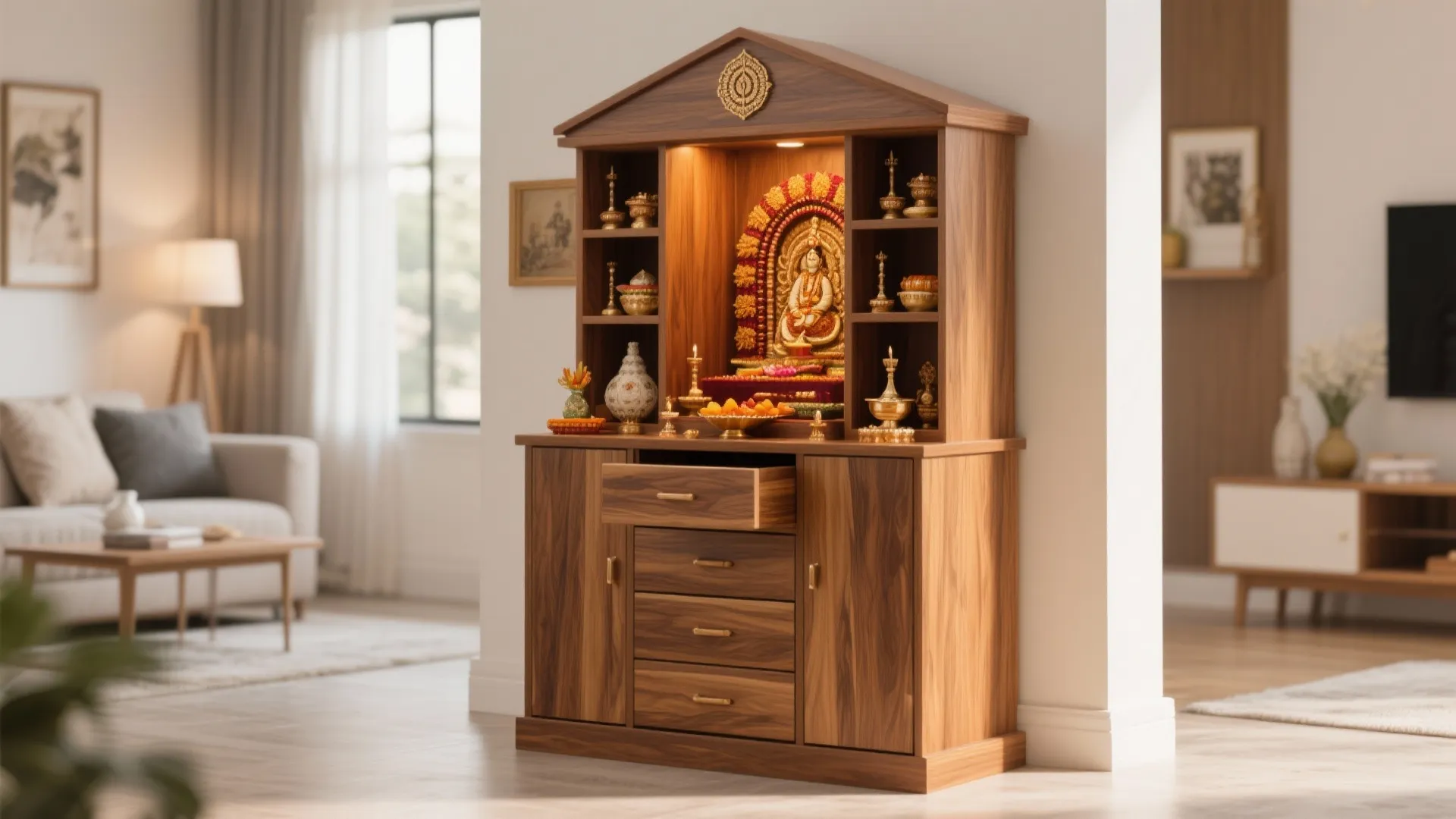 Wooden cabinet with storage drawers and small statues placed in a bright modern living room