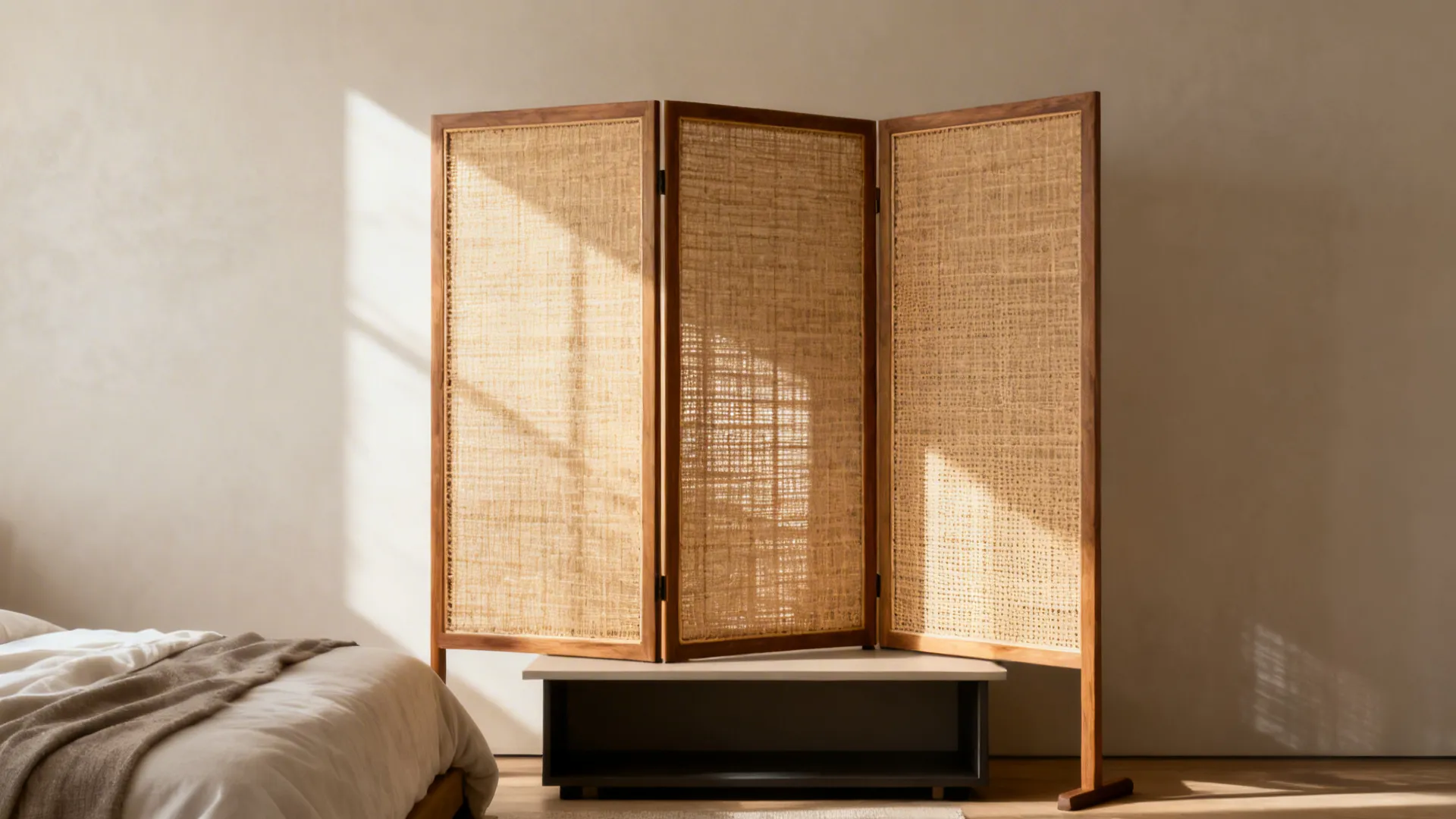 Woven cane folding screen adds portable privacy in a neutral studio bedroom corner.