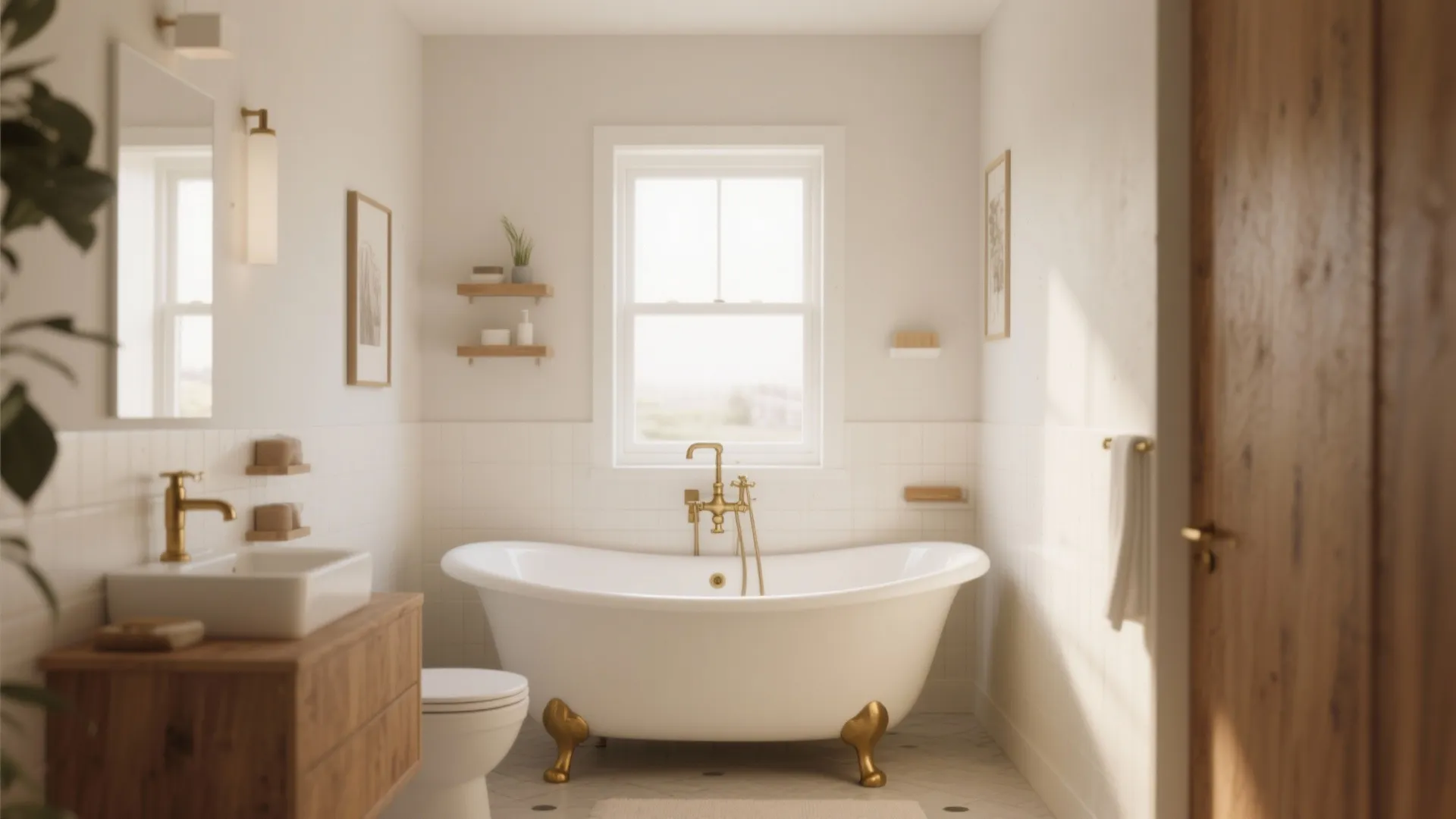 White bathtub with gold legs, wooden sink vanity, wall light, window, toilet, and bright tiles