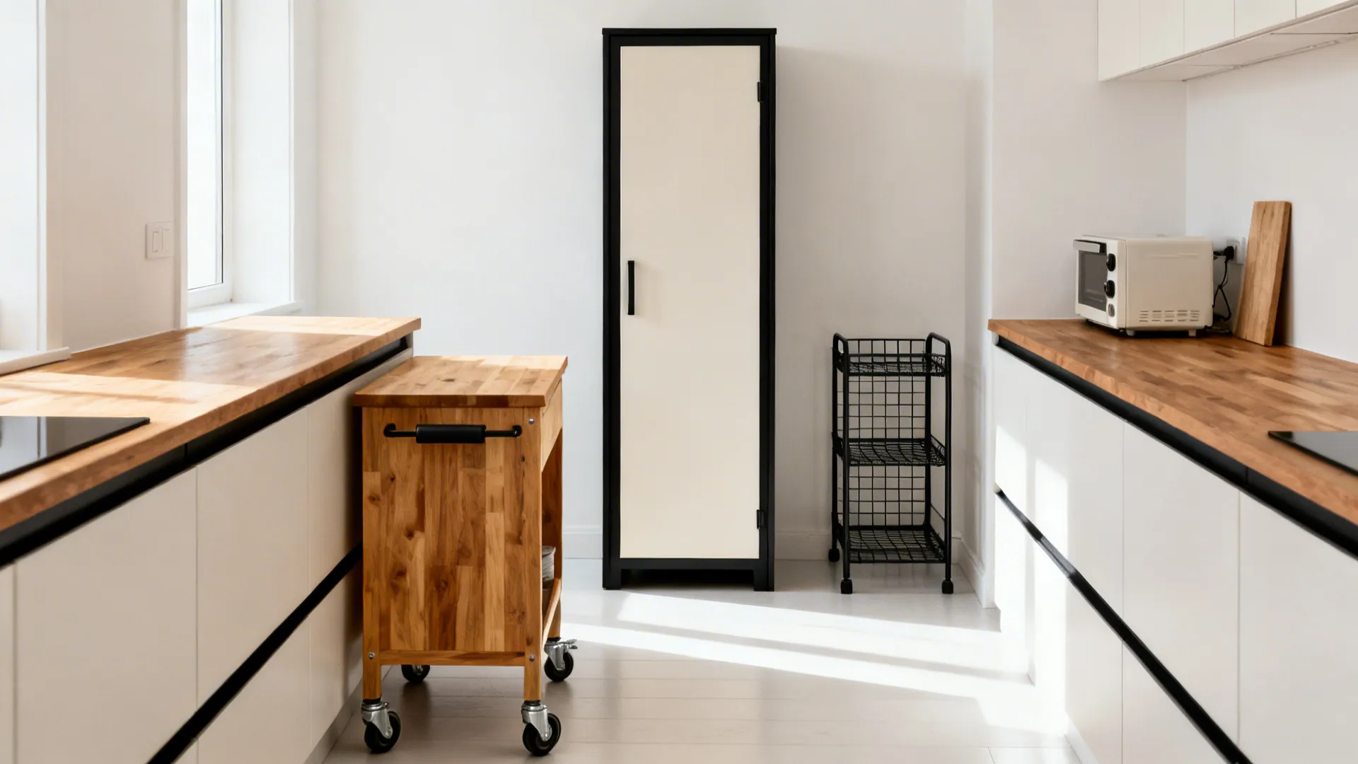 Rental kitchen with a tall narrow pantry, butcher-block cart, and wire shelving arranged with clear aisle space.