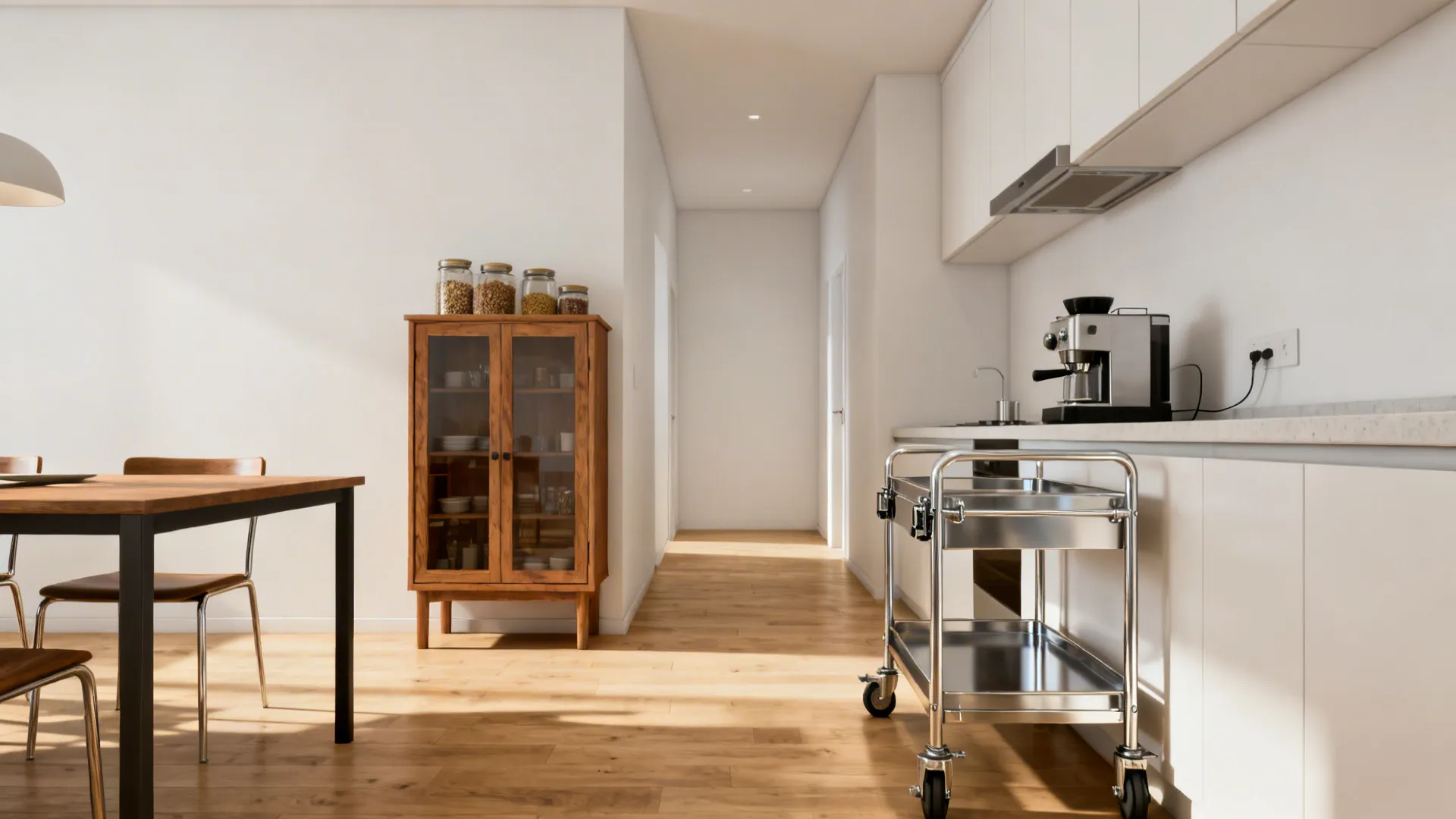 2) Freestanding storage: carts, hutches, and pantries