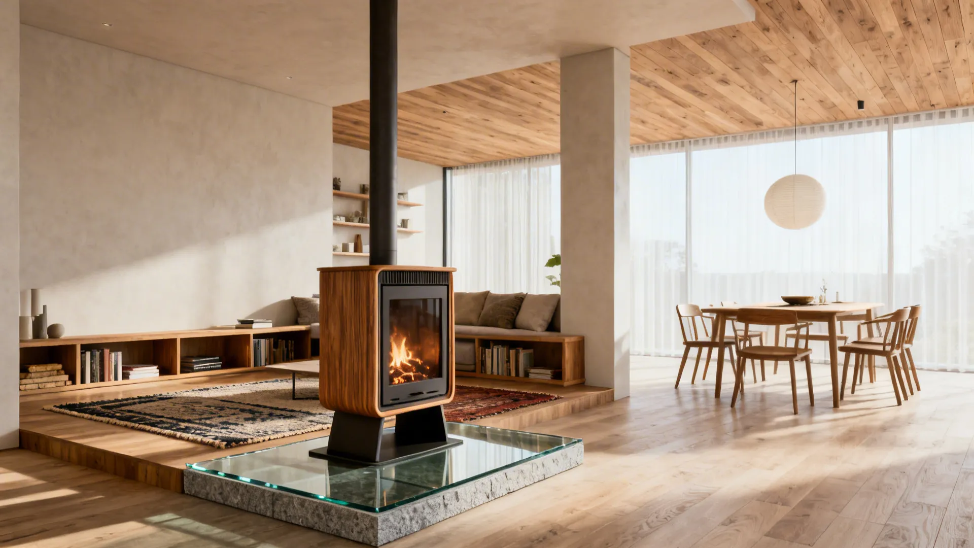 Modern open plan living room with wood stove dining table large windows and wooden ceiling