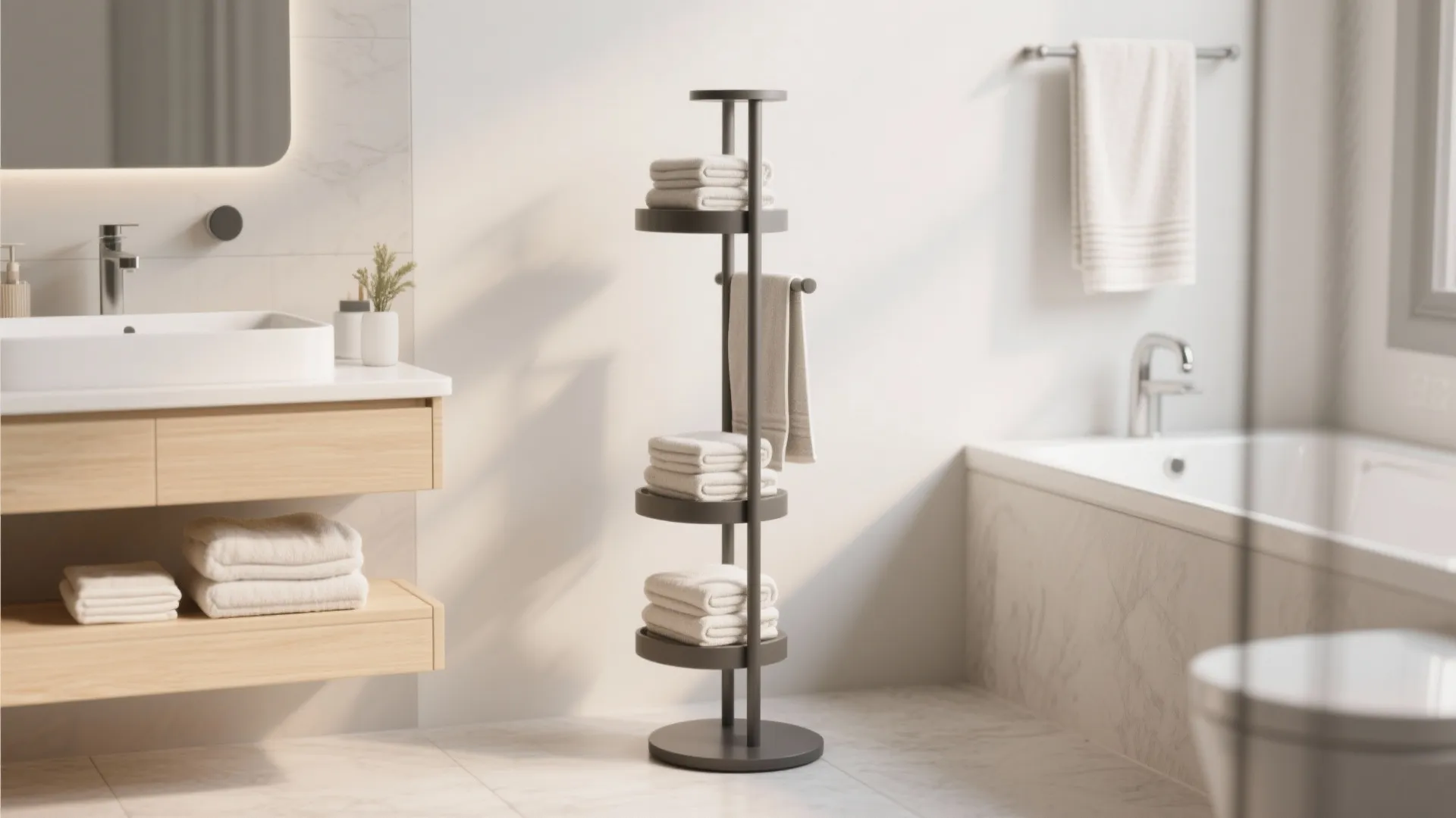 Modern bathroom featuring a tall dark metal towel stand with folded white towels and bathtub