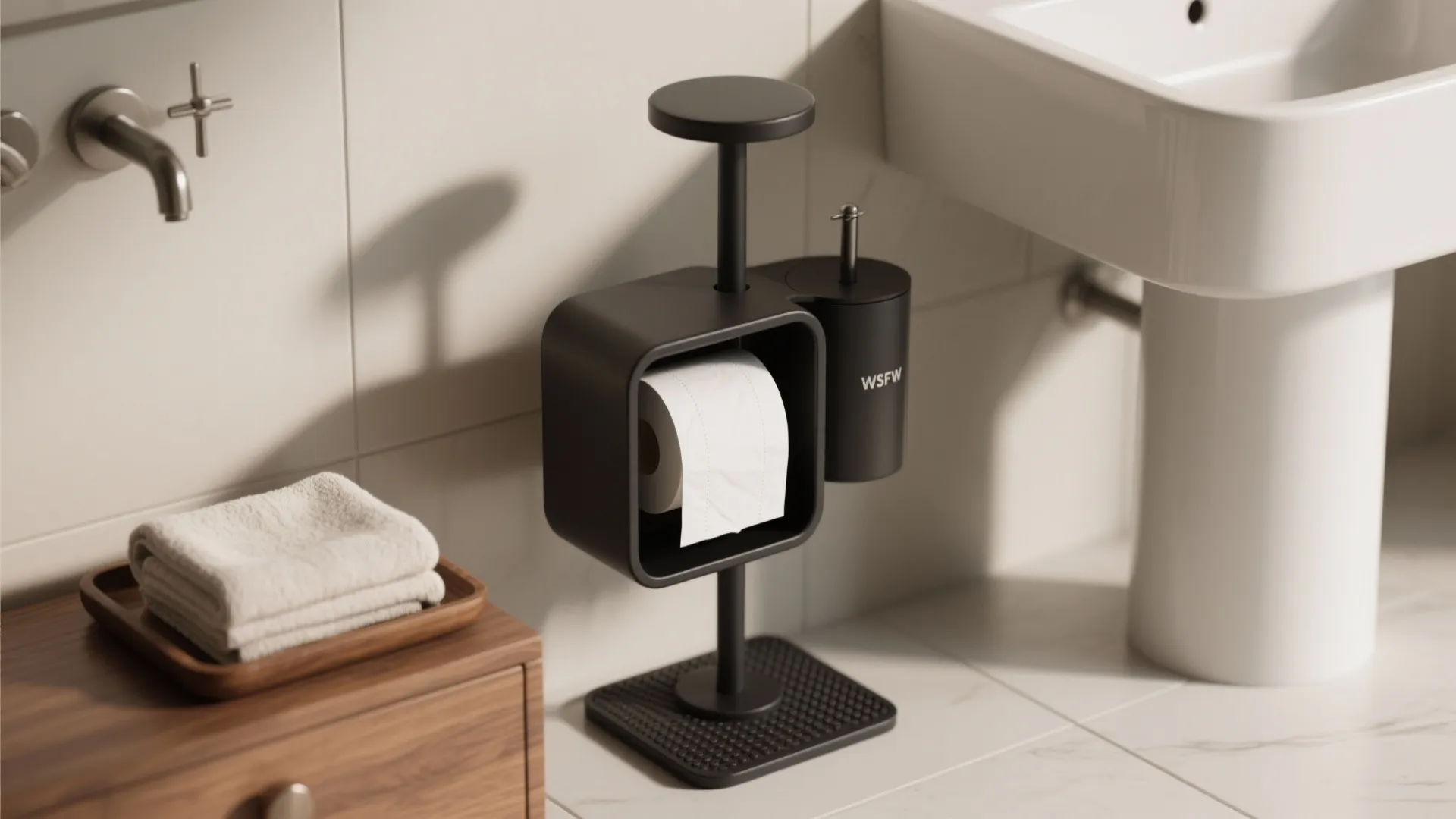 Modern black bathroom stand with toilet paper holder next to white sink and wooden cabinet