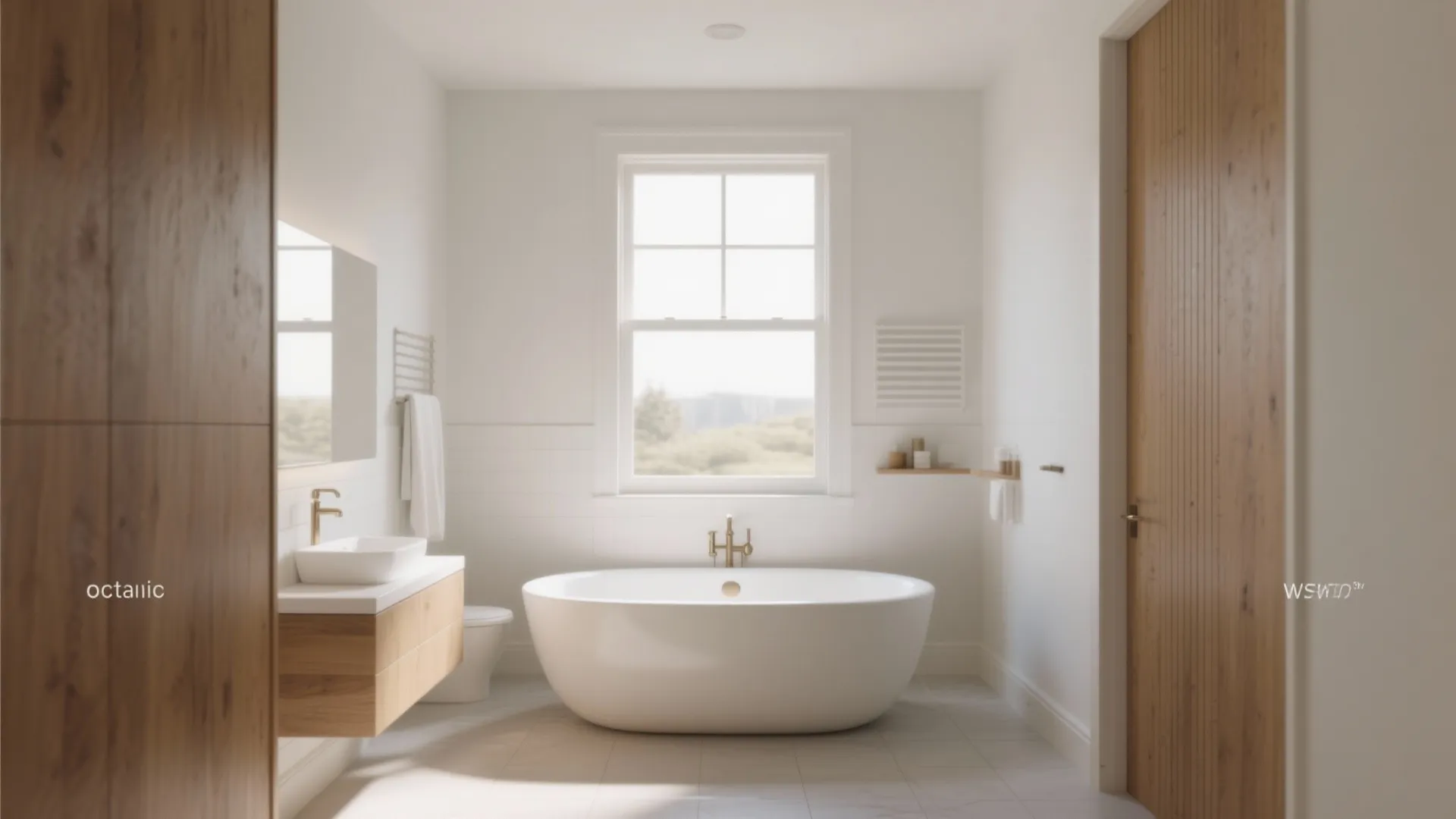 Clean bathroom interior with white bathtub under a window and wood wall panels for warmth