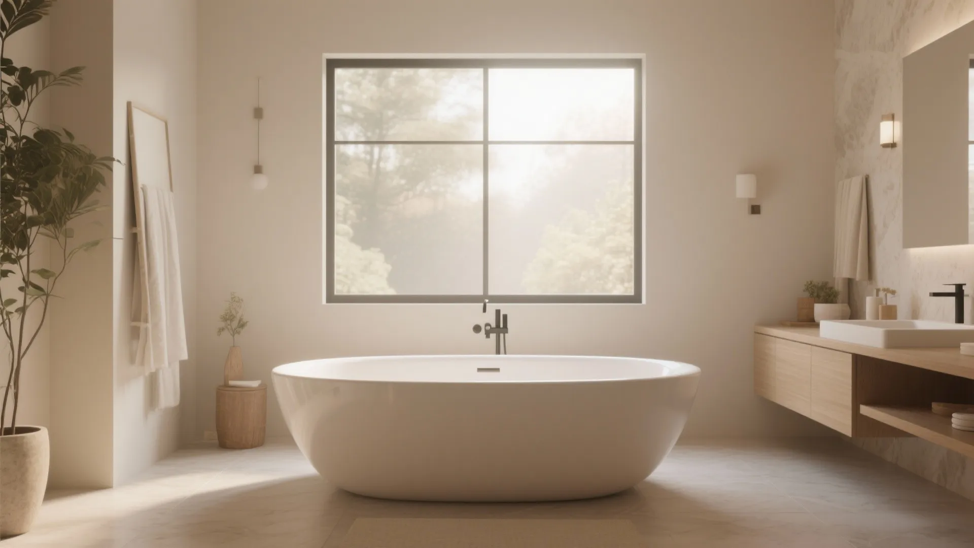 Modern bathroom with white bathtub in front of window, wooden cabinet, and green potted plant