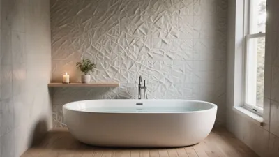 Serene Bathroom with Textured Wall and Freestanding Tub