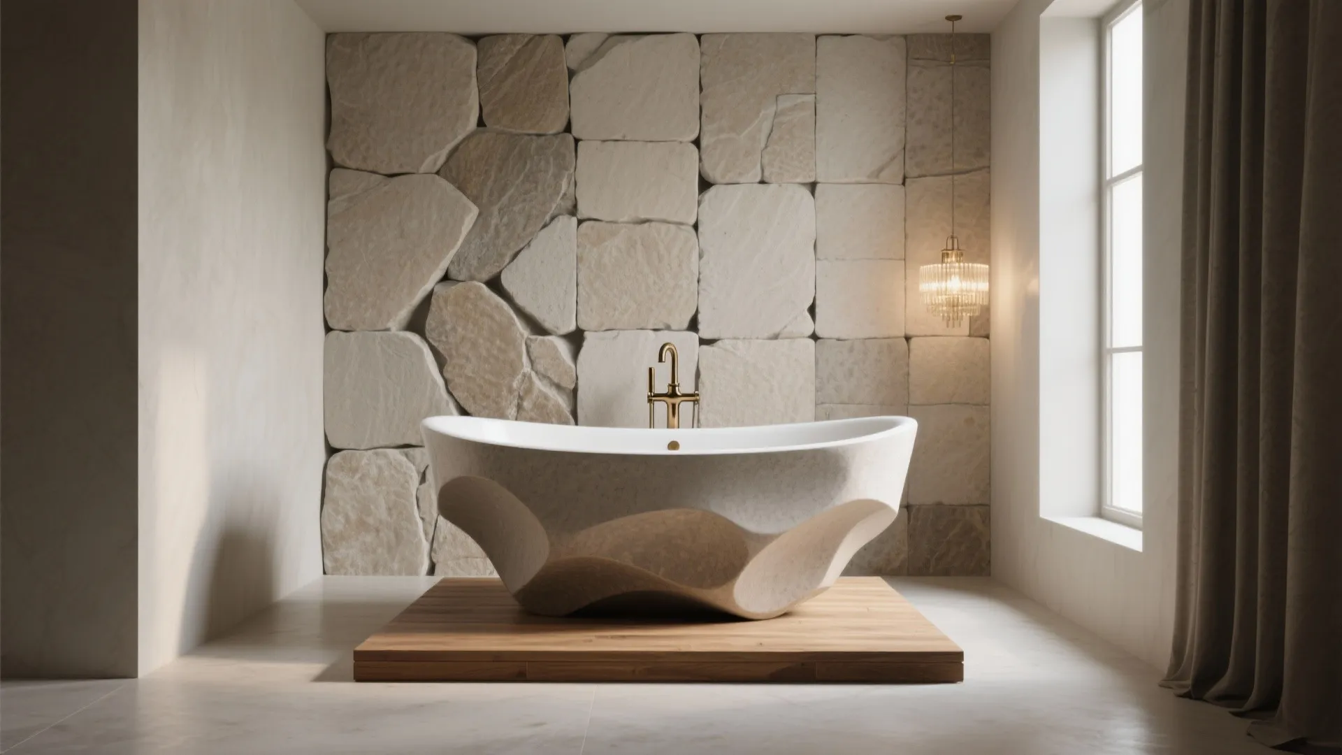 Statement freestanding tub against a textured wall