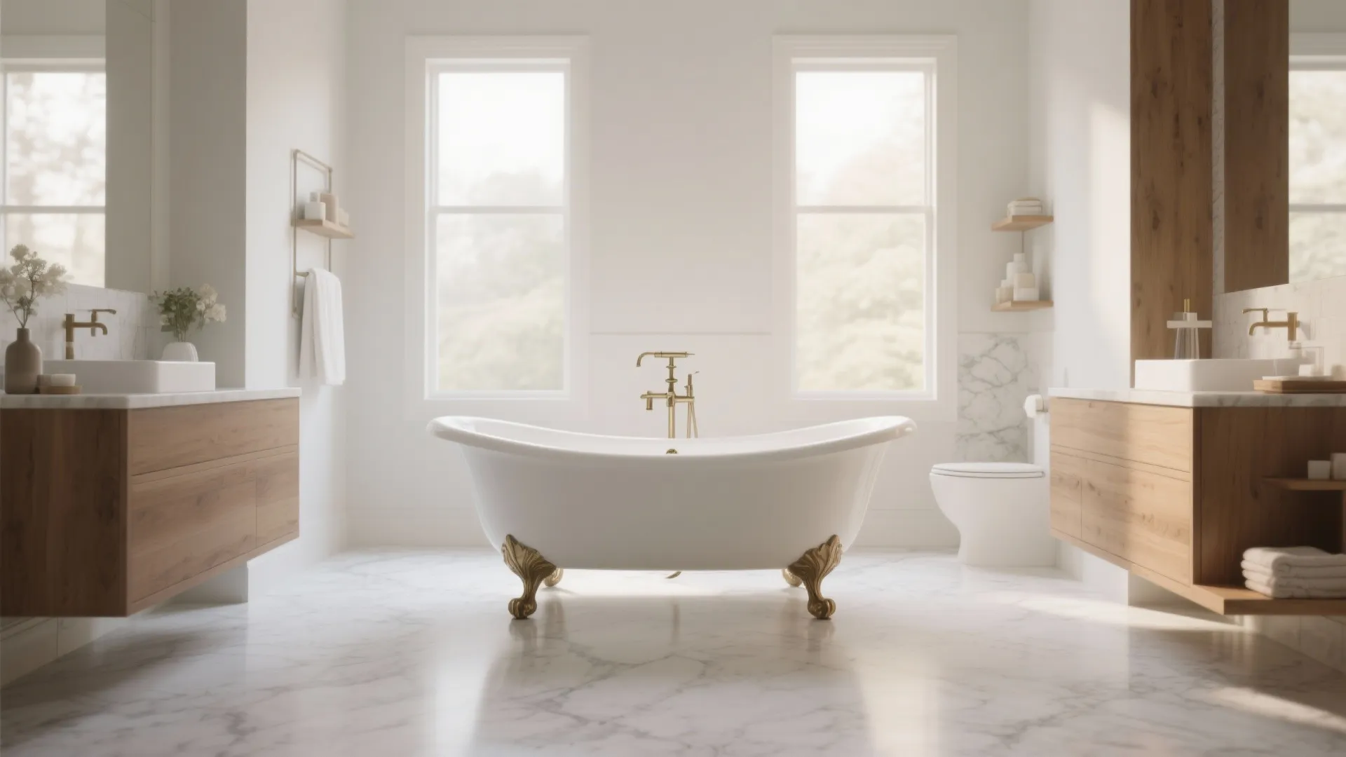 Elegant white bathtub with gold legs in a bright marble bathroom featuring two wooden cabinets