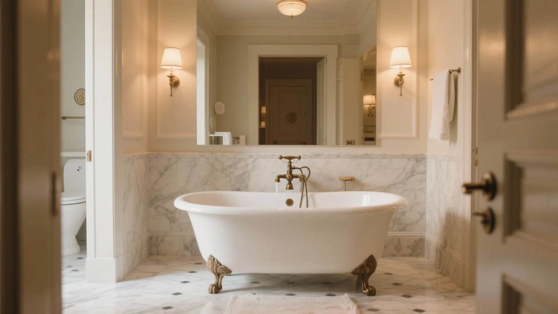 White bathtub with gold faucet beside marble wall panel under warm wall light and mirror