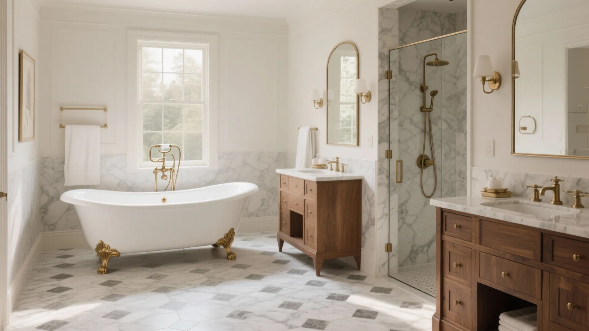 5) Classic freestanding tub with adjacent walk-in shower
