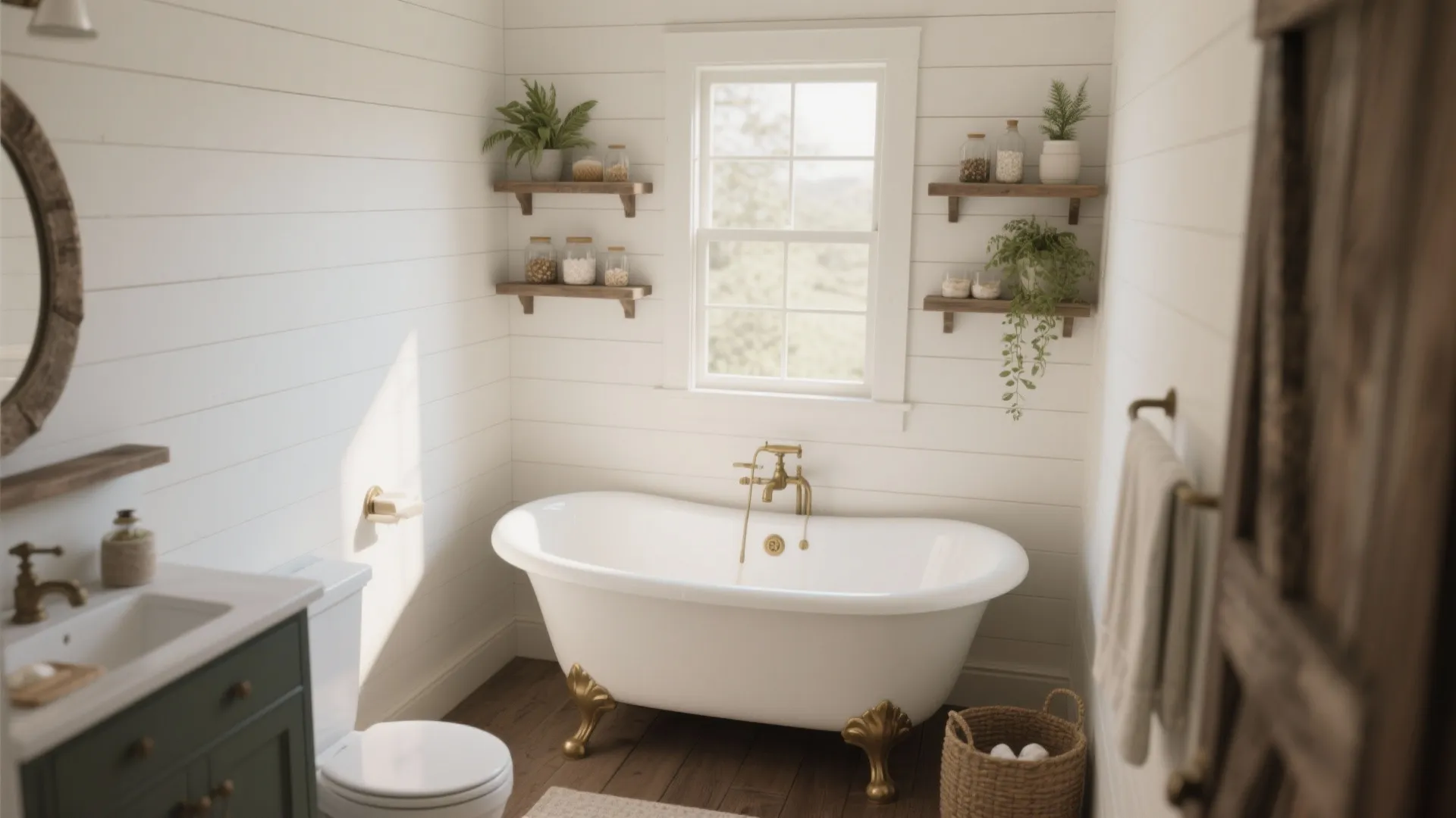 Small farmhouse bathroom with petite freestanding tub and niche storage