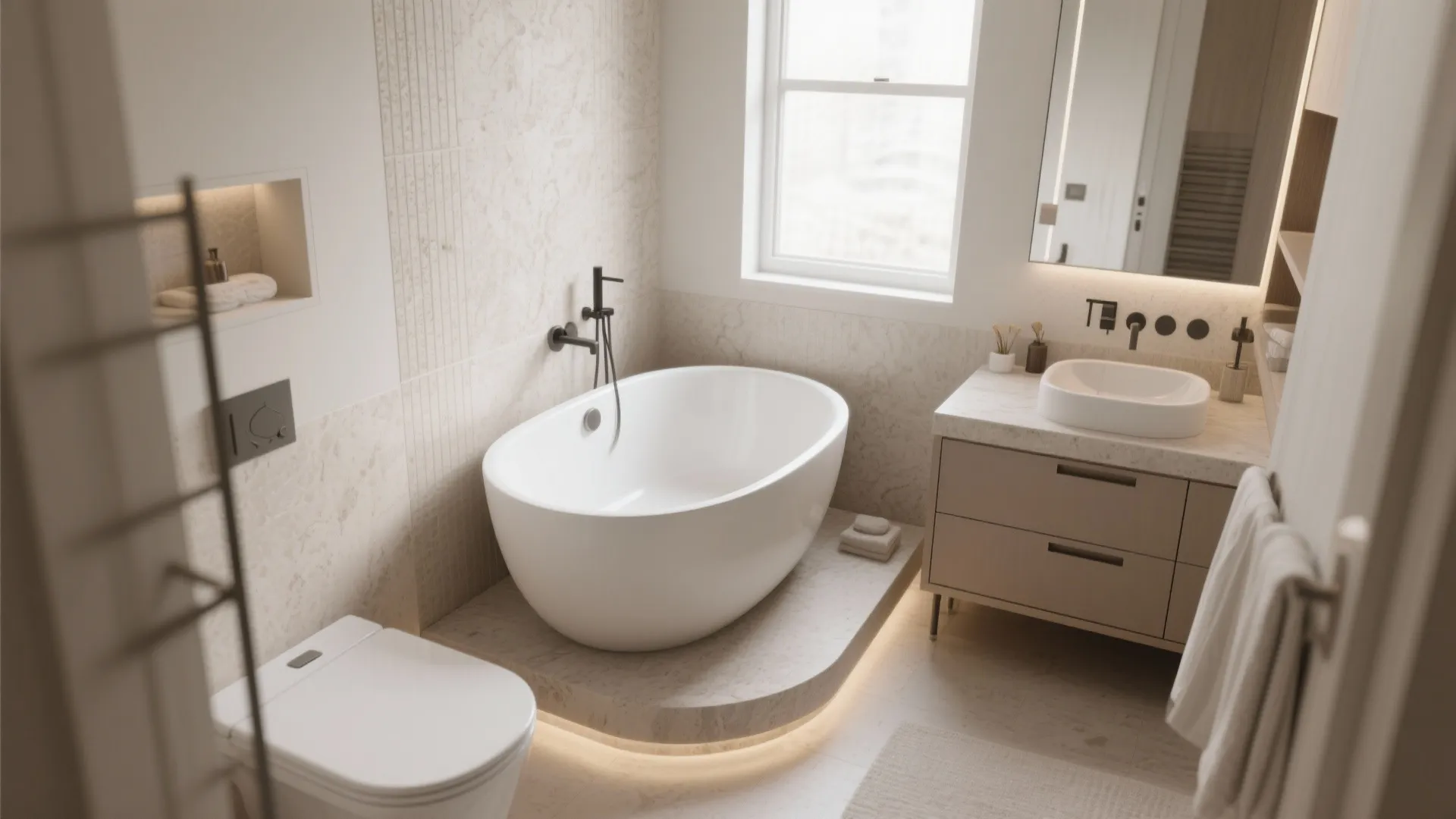 Modern bathroom featuring white bathtub marble wall panel cabinet with sink and wall light fixture