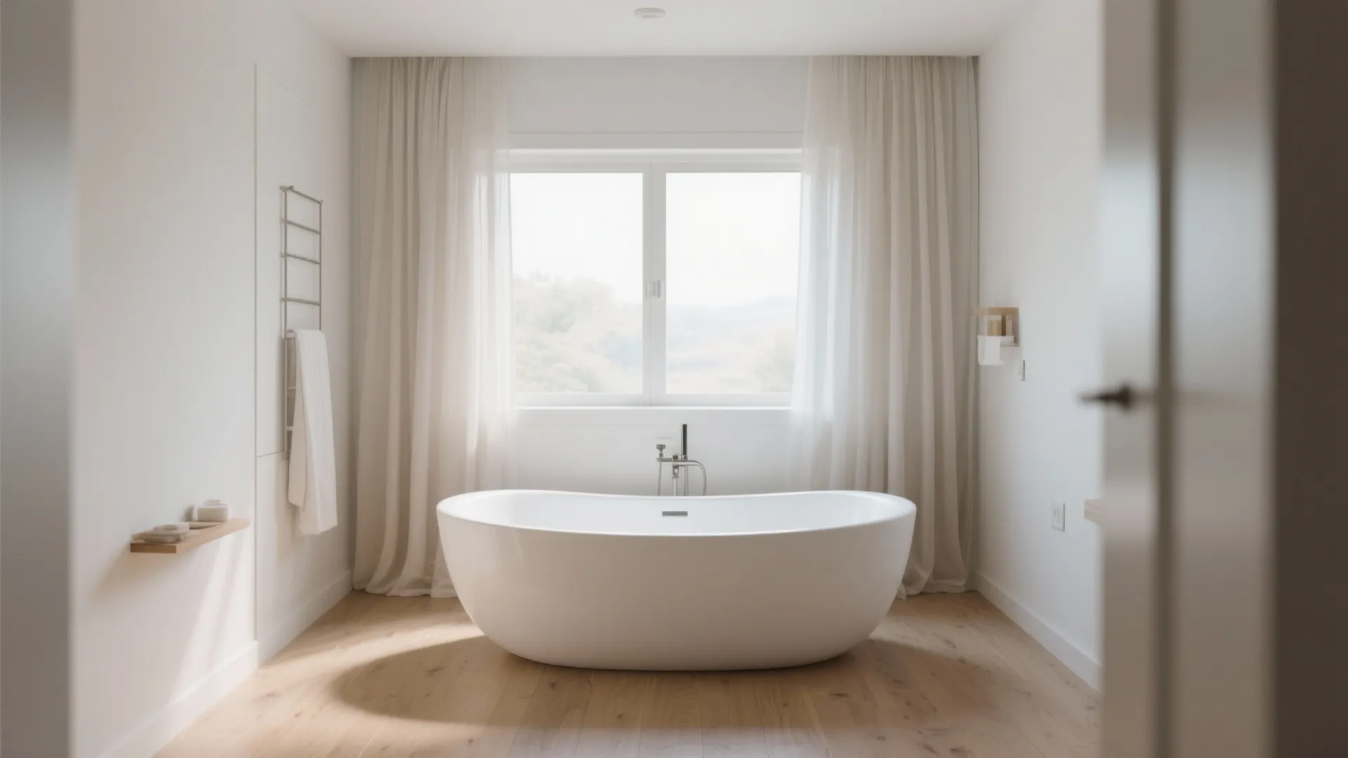 Modern white bathtub in bright bathroom with wooden floor large window and soft white curtains