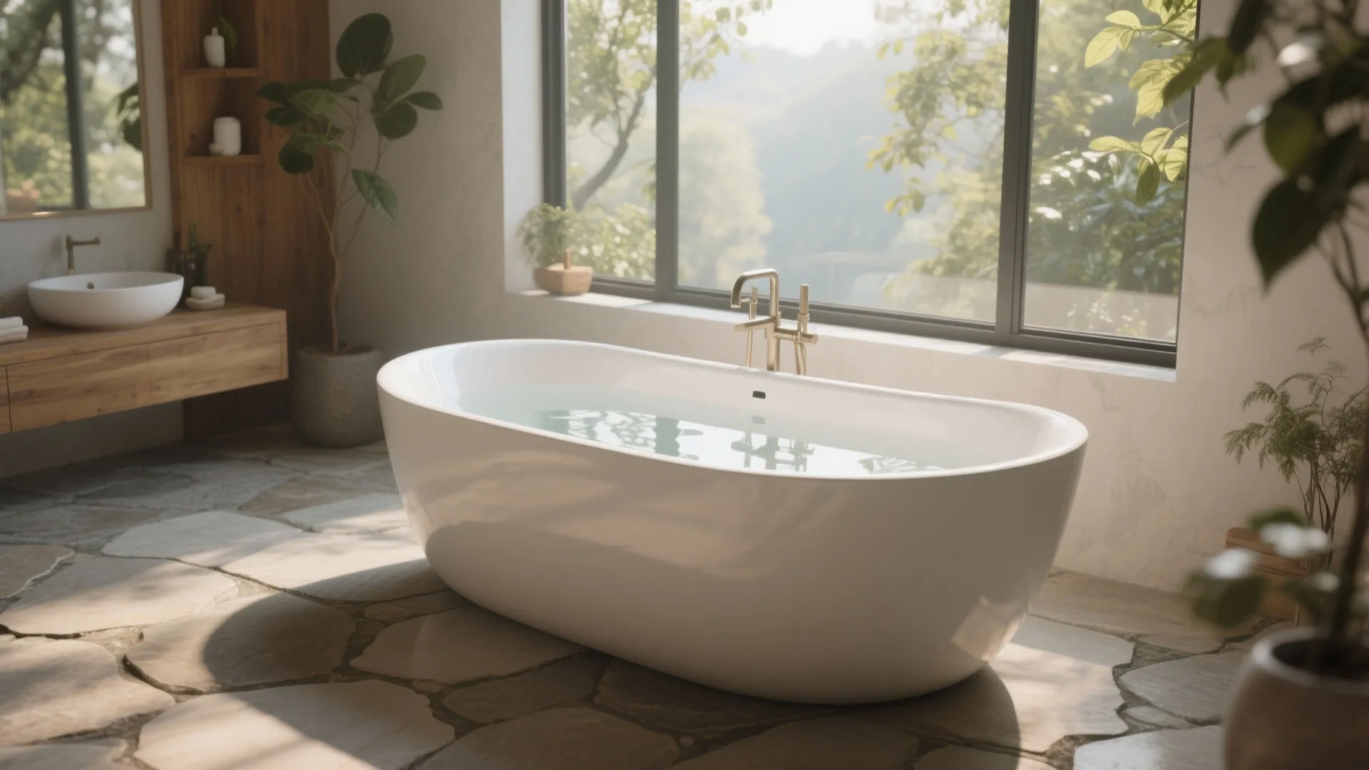 White bathtub on a stone floor next to a large window with green nature view