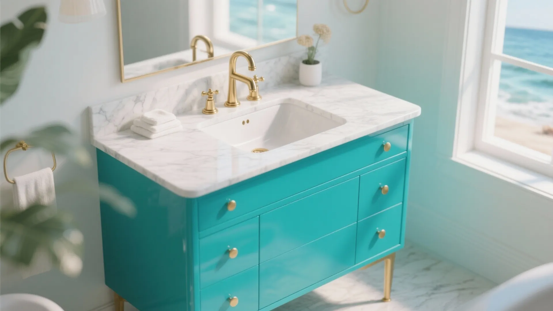 Bright bathroom with a turquoise cabinet marble top gold water tap and a beach view
