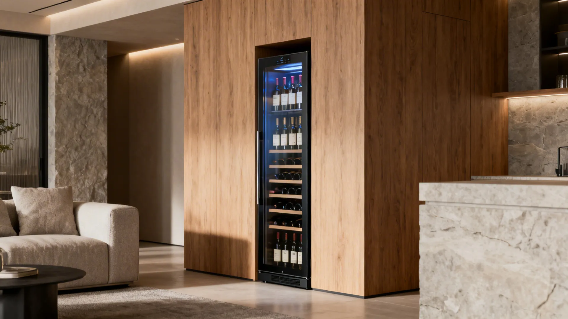 Slim freestanding wine fridge tucked into a custom wooden enclosure in an alcove.