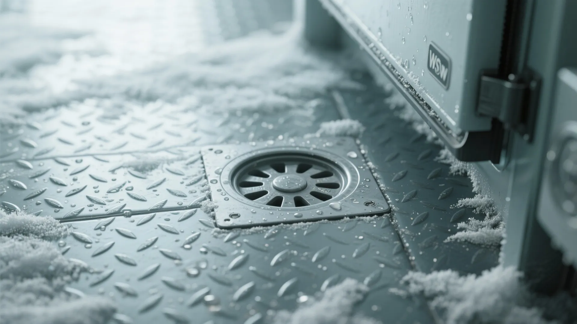 Sealed floor drain in anti-slip freezer flooring