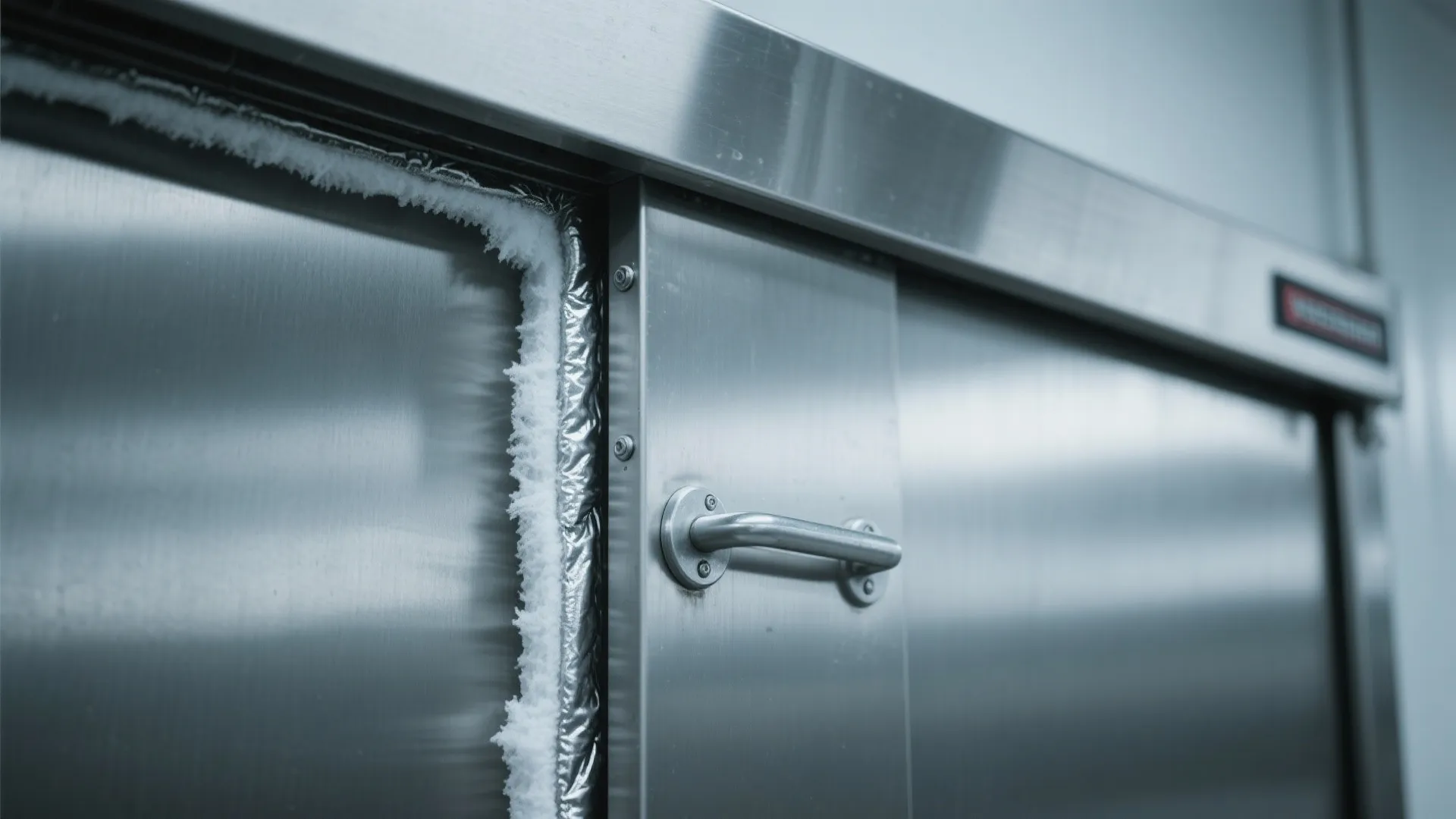 Insulated stainless steel sliding freezer door close-up