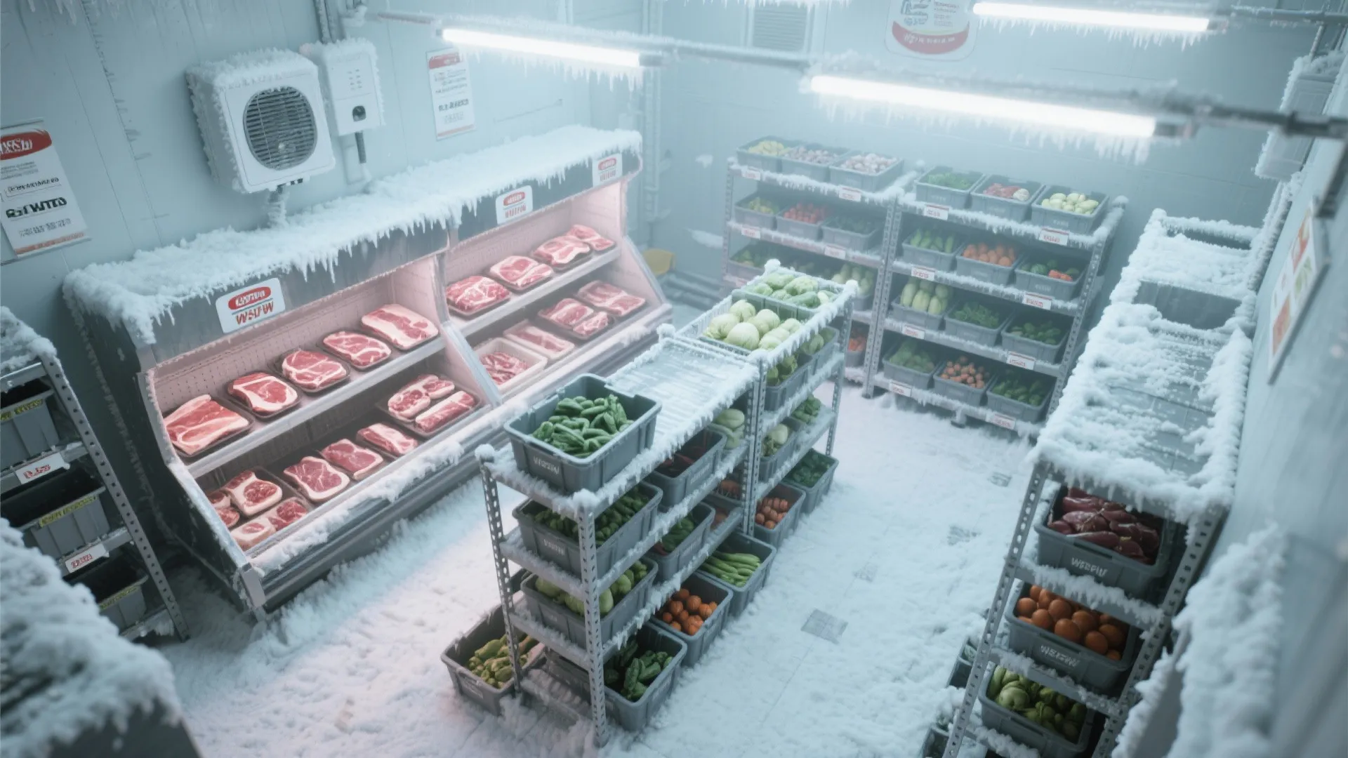 Organized freezer room layout with food zones