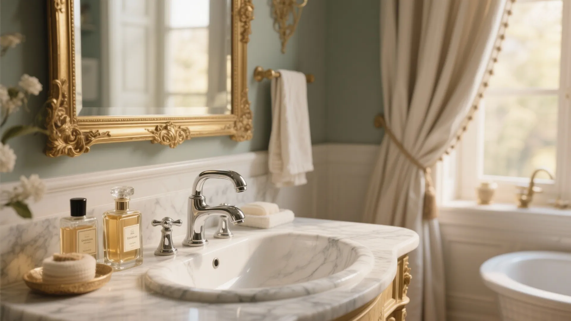 Elegant bathroom sink with silver water tap gold mirror white curtain and marble counter top