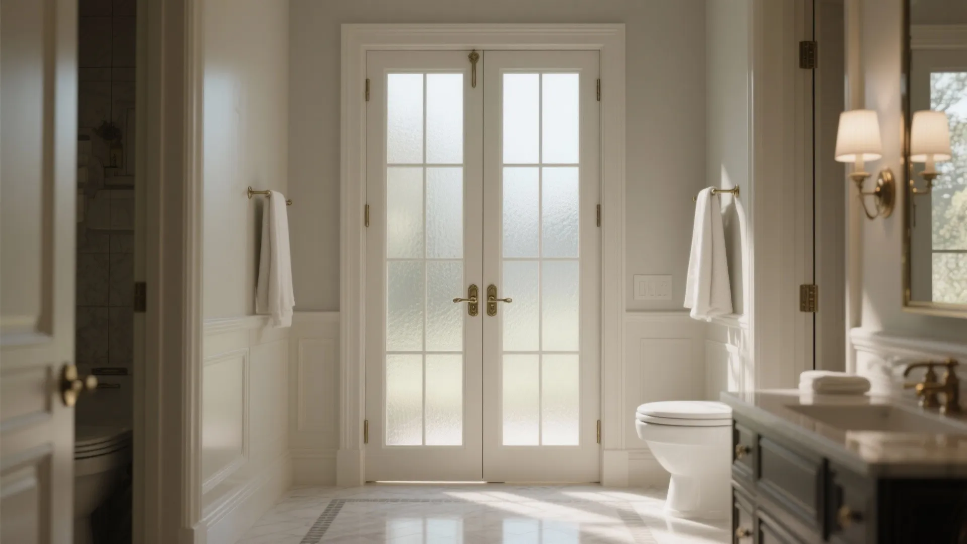 Classic bathroom with white double glass doors, wall panel design, white toilet, and marble floor
