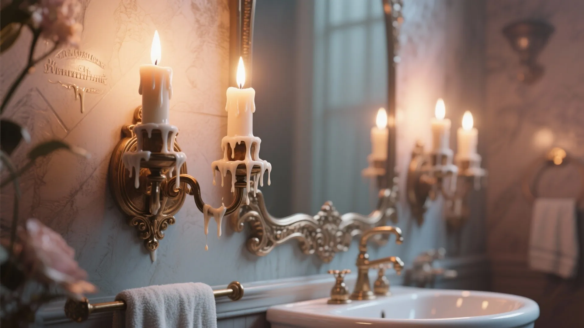 French-style candle sconces with faux candles beside mirror in vintage bathroom