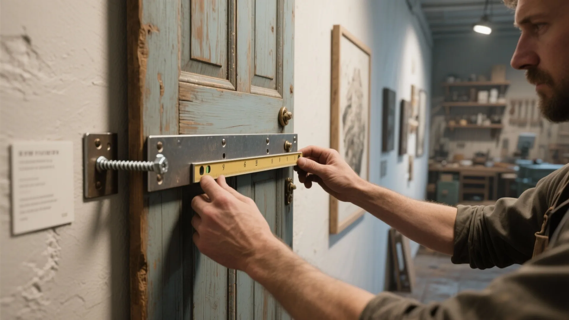 Man using a yellow level tool to measure a metal bracket on a blue door