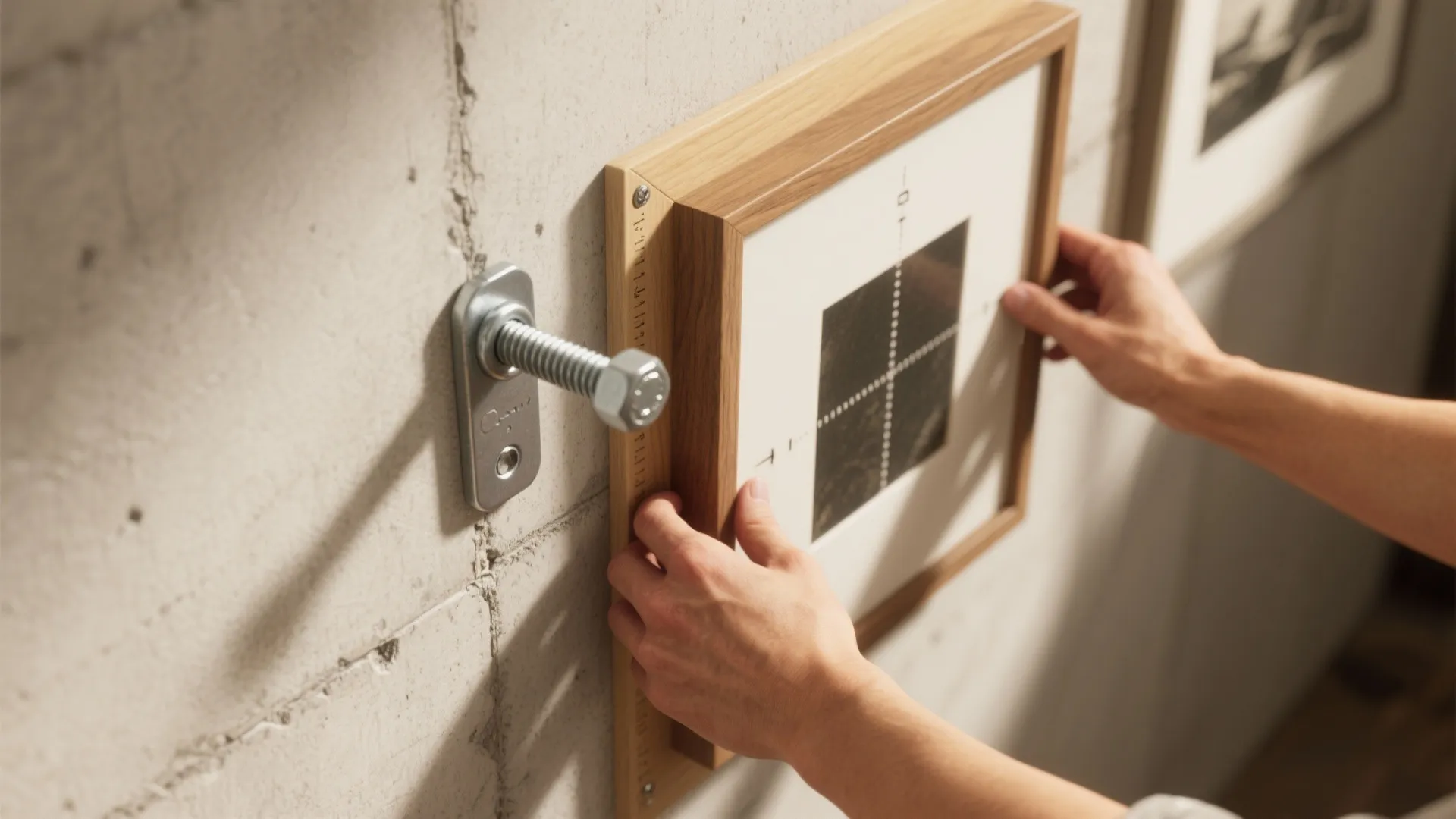 Hands holding wooden picture frame against a concrete wall next to a metal wall bolt