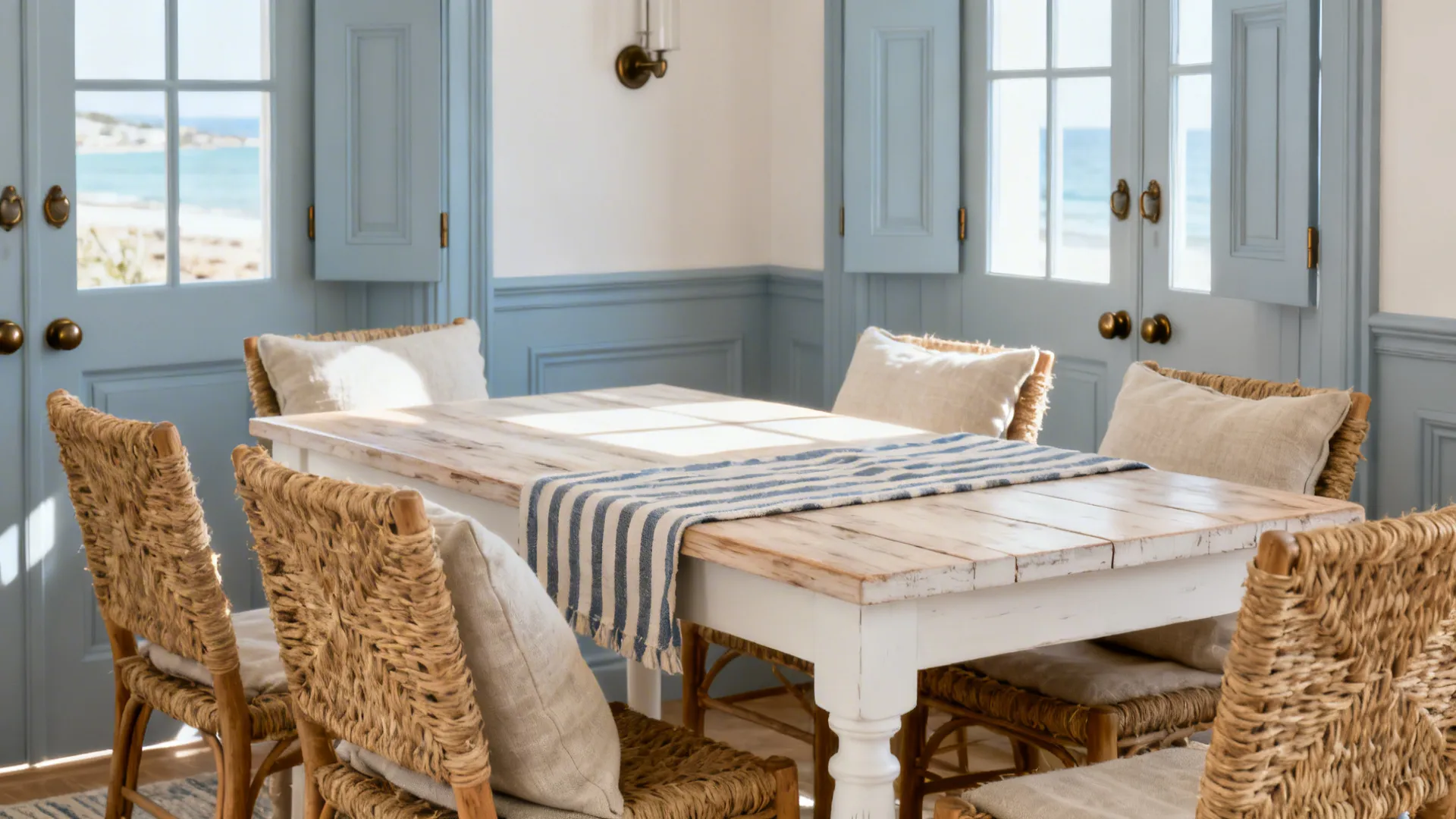 Whitewashed dining table with woven chairs and striped runner in a bright nook.