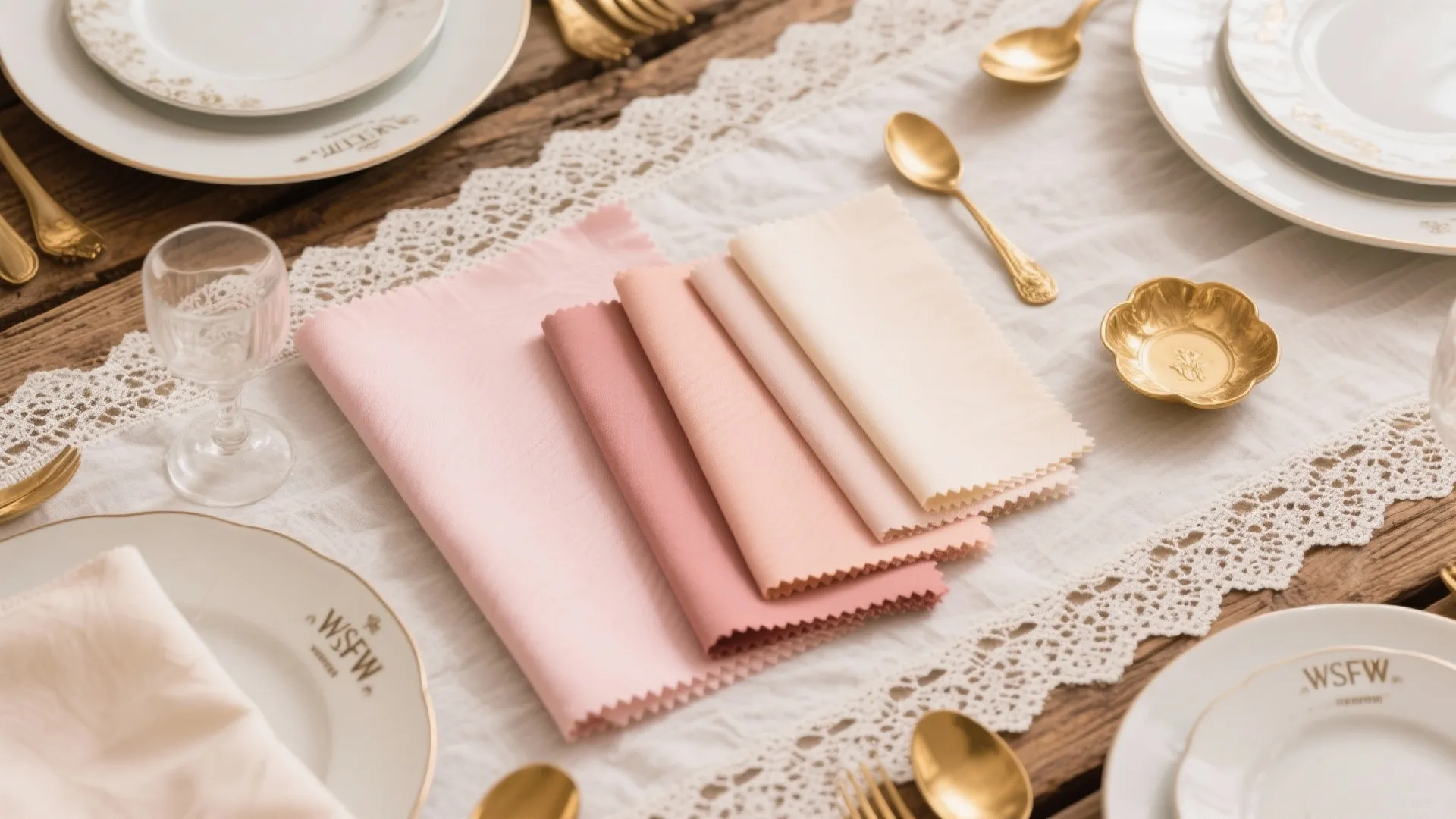 Flatlay of French-inspired soft neutrals, blush, and gold decor elements