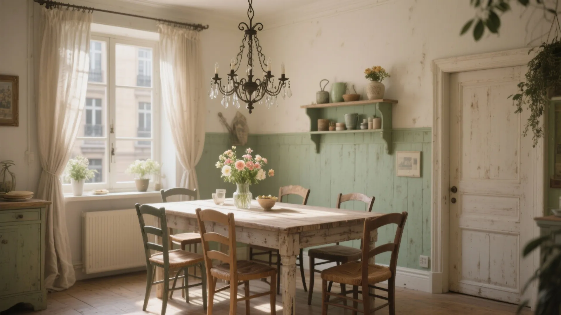 Rustic dining room with wooden table chairs green wall panel ceiling light and bright white windows