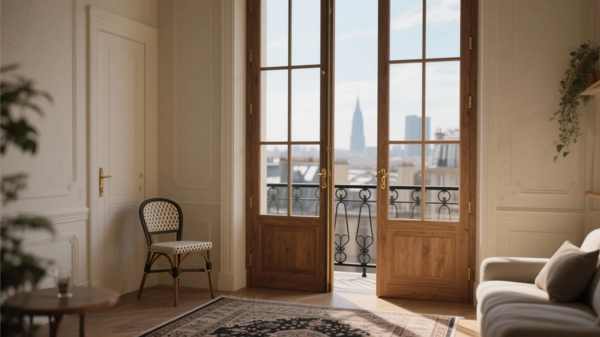 3) French-style wooden balcony doors with divided lites