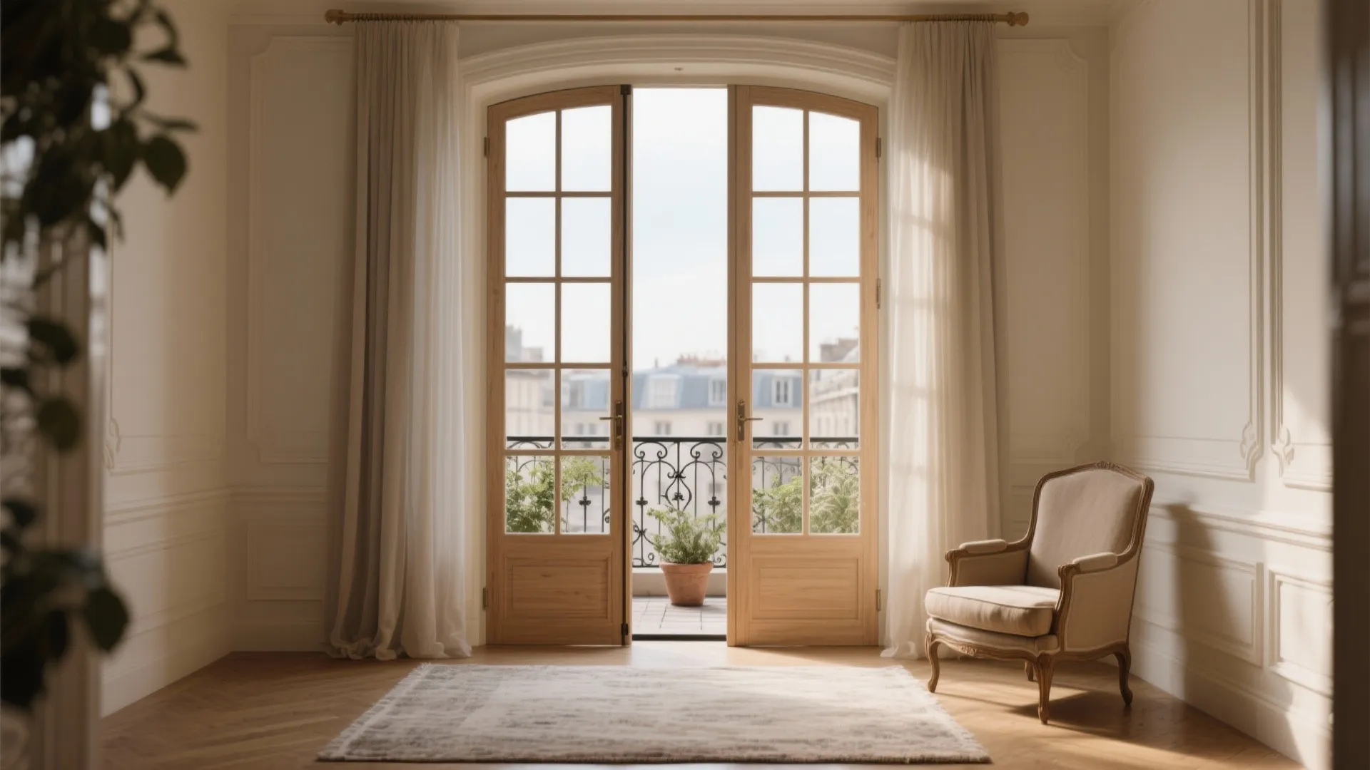 Classic French double doors with divided lites open to a small balcony.