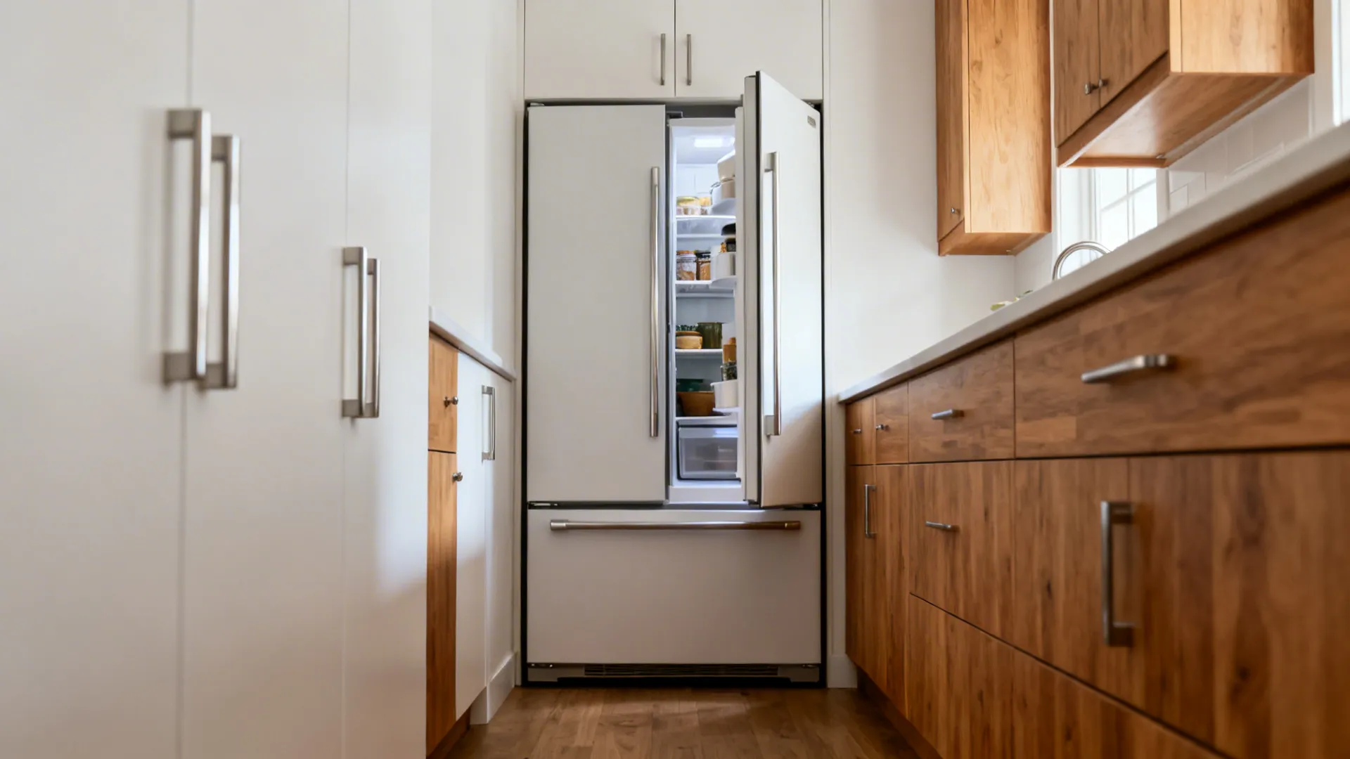Tight galley kitchen with a French-door refrigerator showing narrow door swing and clear aisle.