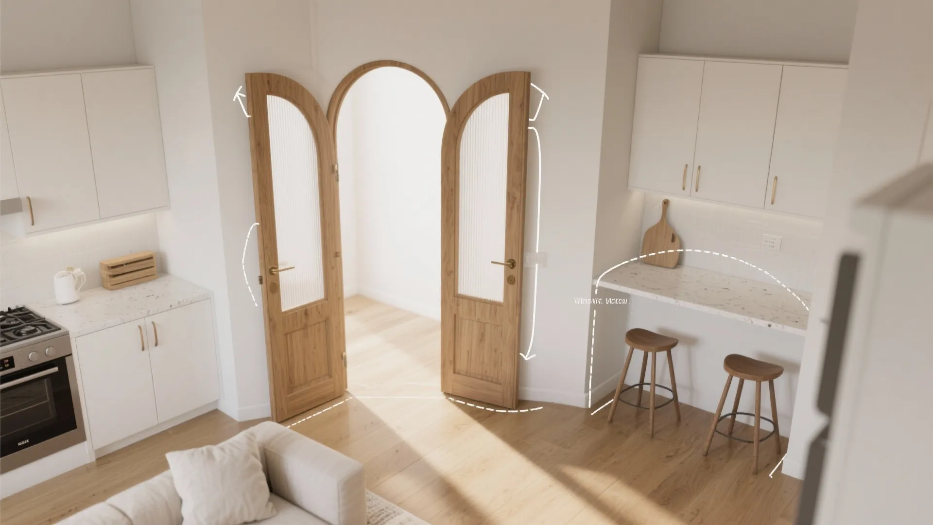 Arched wooden doors open in kitchen with white cabinets and two high wooden bar stools