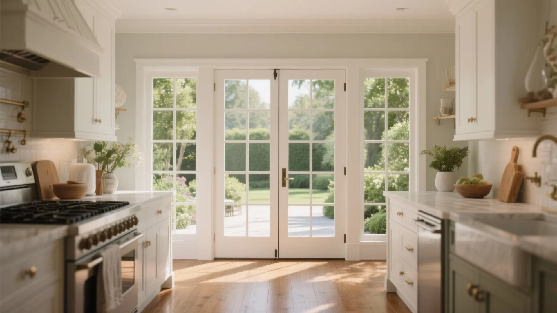 Bright white kitchen interior featuring large glass doors opening to a lush green outdoor yard