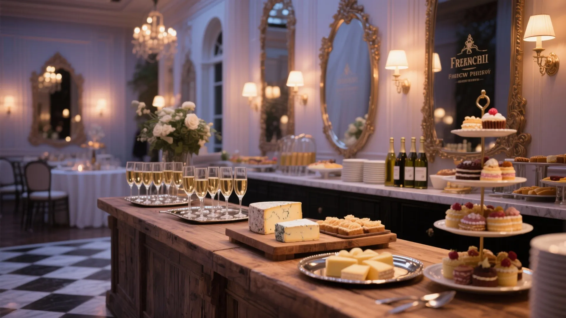 Elegant French food and drink buffet with cheeses, champagne, and pastries
