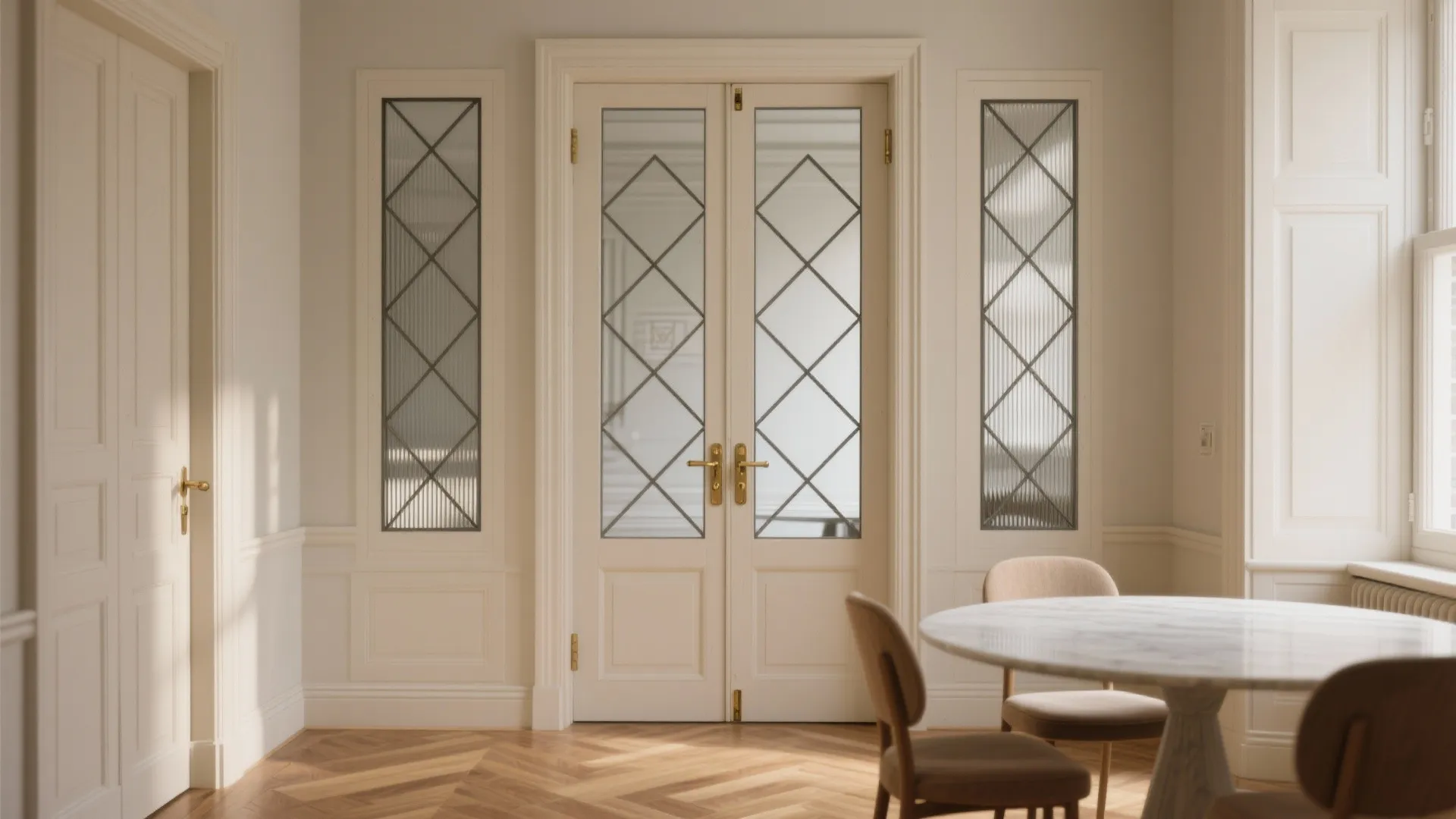 French doors with geometric grill patterns
