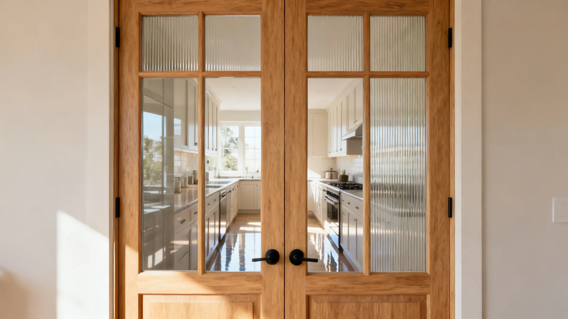 Wooden double doors with glass panels looking into bright kitchen with white cabinets and floor