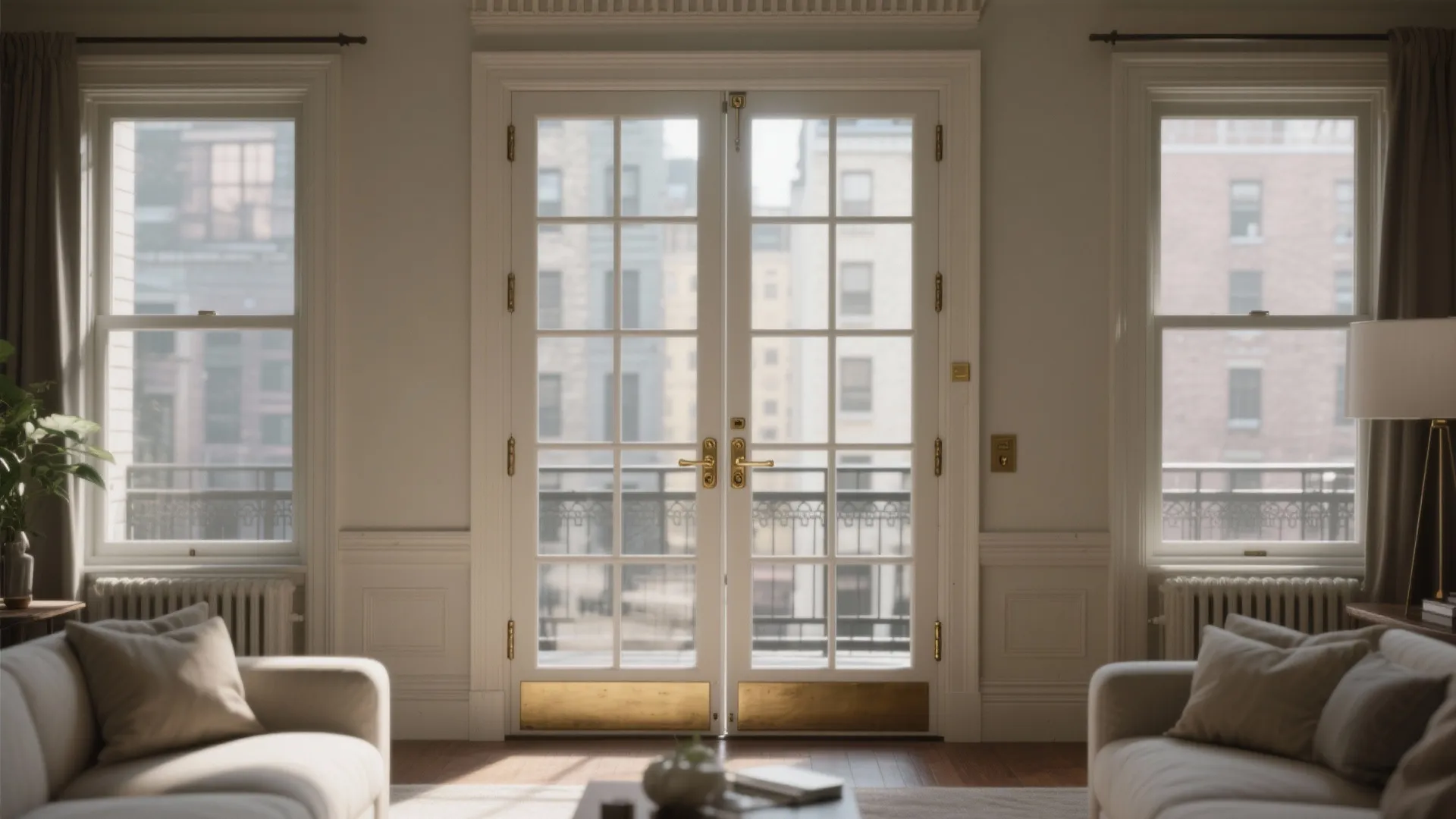 Elegant white French doors with gold handles and glass panels between two large bright windows