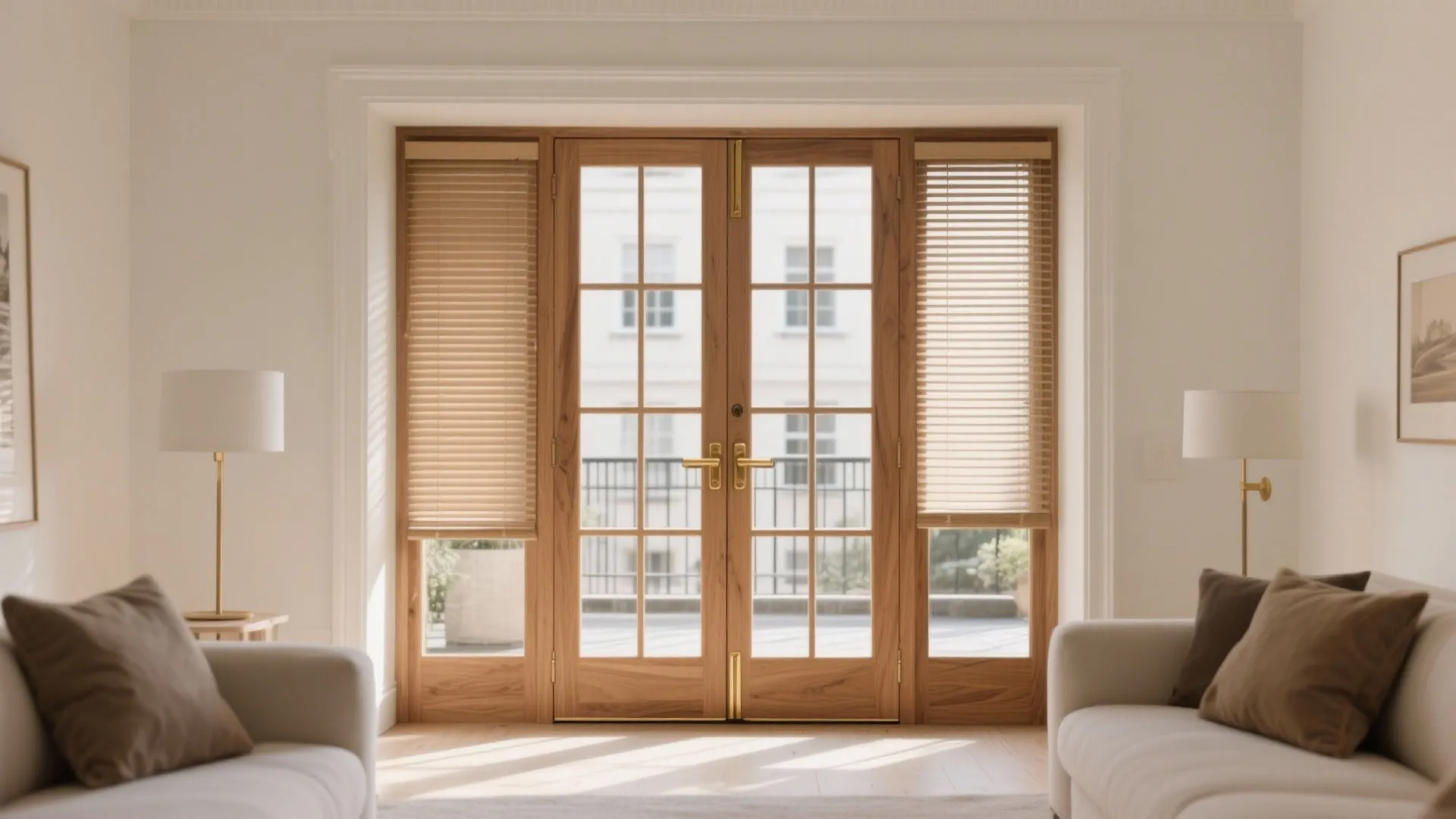 French-door charm with narrow mullions and concealed blinds