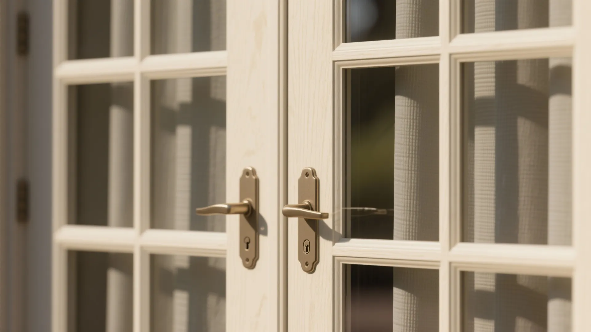 Macro detail of French door muntins, double glazing, and weatherstripping in warm light.