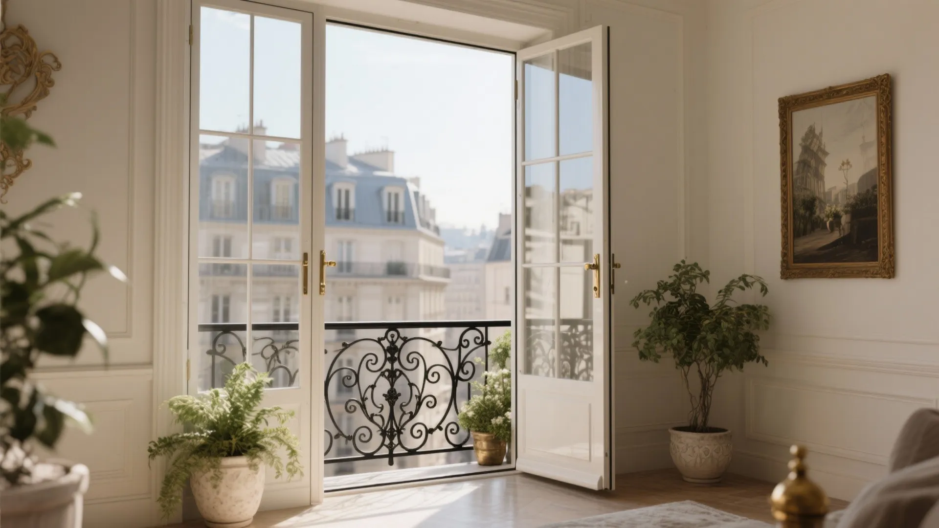 Elegant white room with open windows overlooking city buildings featuring potted plants and wall panel