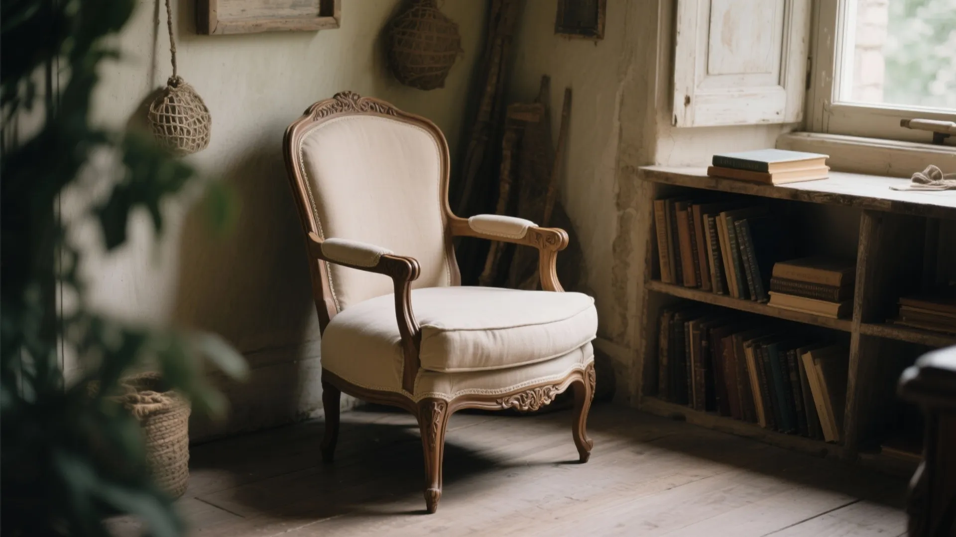 French Provincial armchair in a cozy reading nook