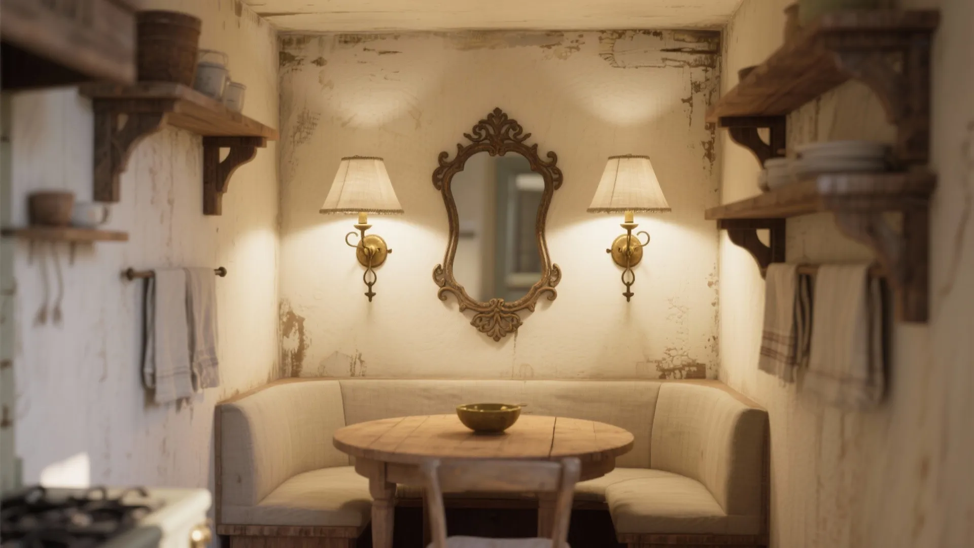 Rustic dining area with round wood table cream bench two wall lights and decorative wall mirror