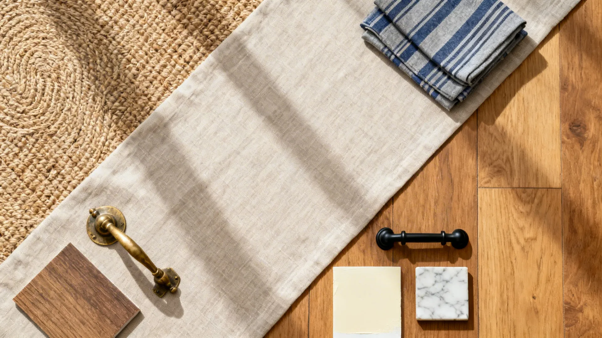 Flatlay of linen, jute, brass, matte black, oak, cream, and marble samples.