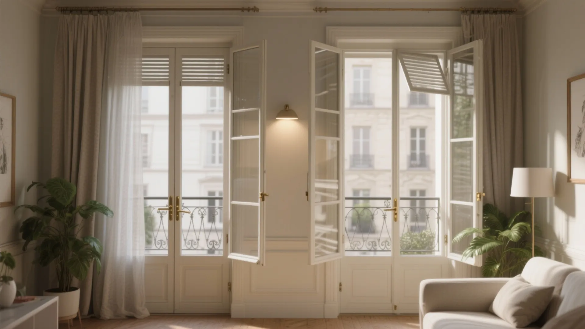 Elegant living room with open tall glass windows leading to a balcony and city views