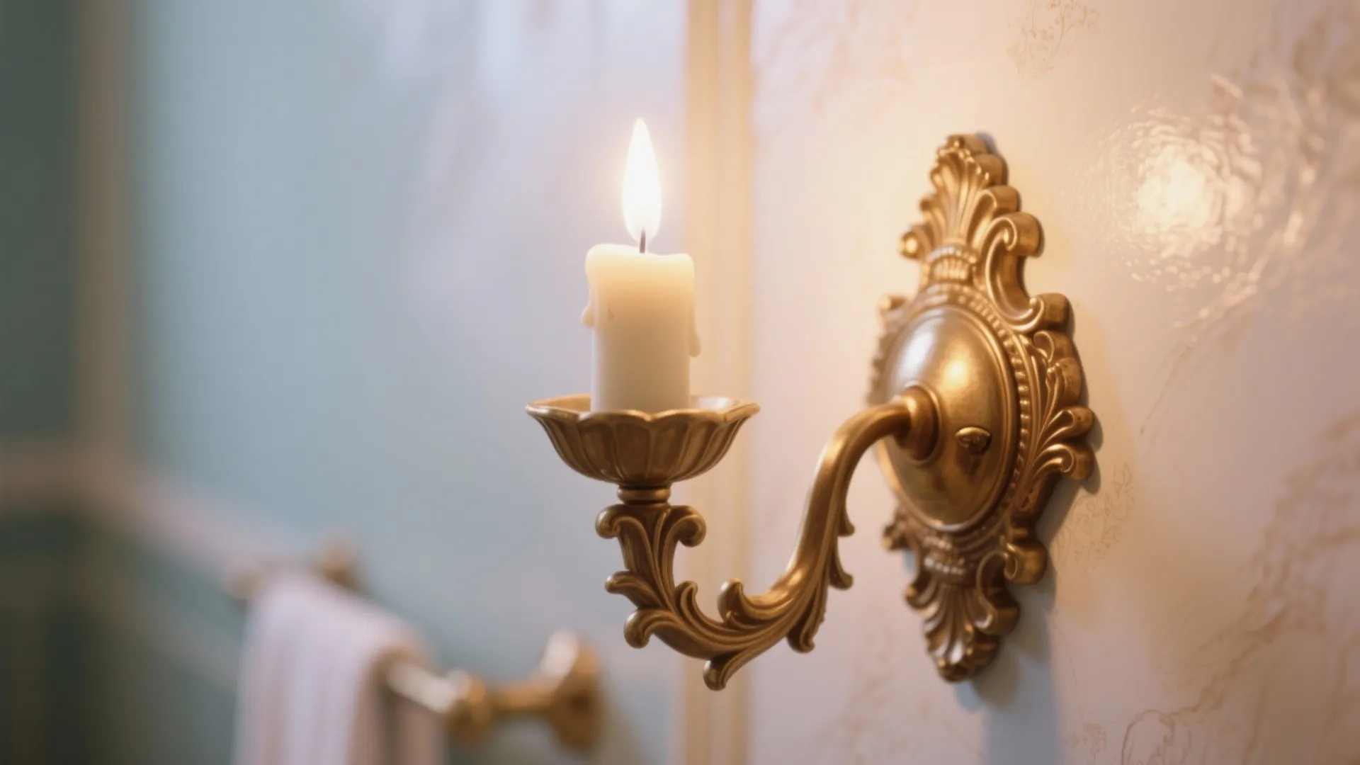 Vintage gold wall light with a burning white candle on a patterned light pink wallpaper